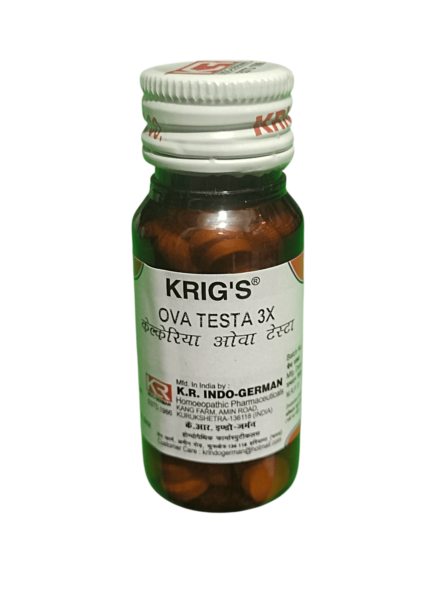 KRIG'S OVA TESTA 3X TABLETS HOMEOPATHIC MEDICINE 25G in a bottle for calcium support.