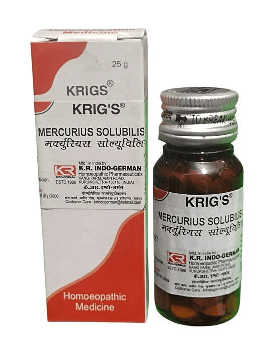 KRIG'S MERCURIUS SOLUBILIS 3X TABLETS HOMEOPATHIC MEDICINE 25G in a pill bottle and box for mouth ulcers and sore throat.