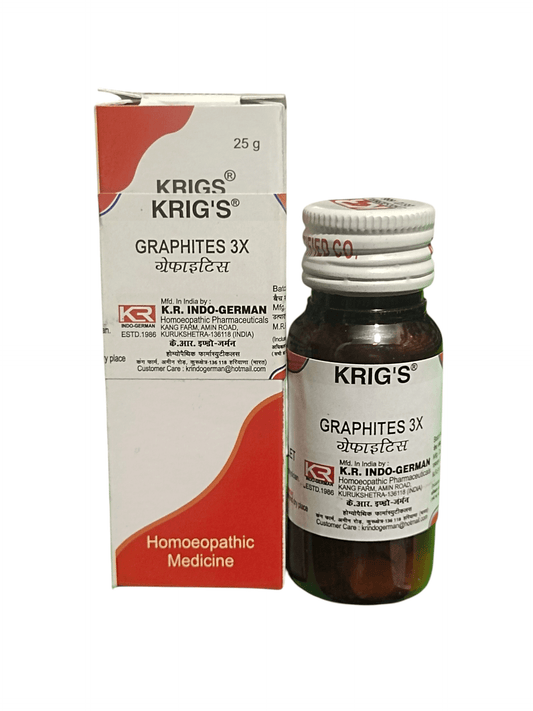 KRIG'S GRAPHITES 3X TABLETS HOMEOPATHIC MEDICINE 25G packaging and bottle image for skin and digestive support