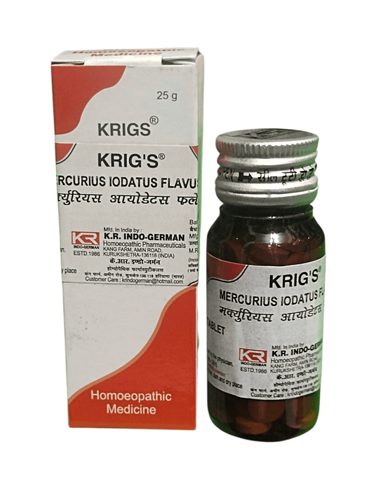 KRIG'S MERCURIUS IODATUS FLAVUM 3X TABLETS HOMEOPATHIC MEDICINE 25G in a bottle with packaging.