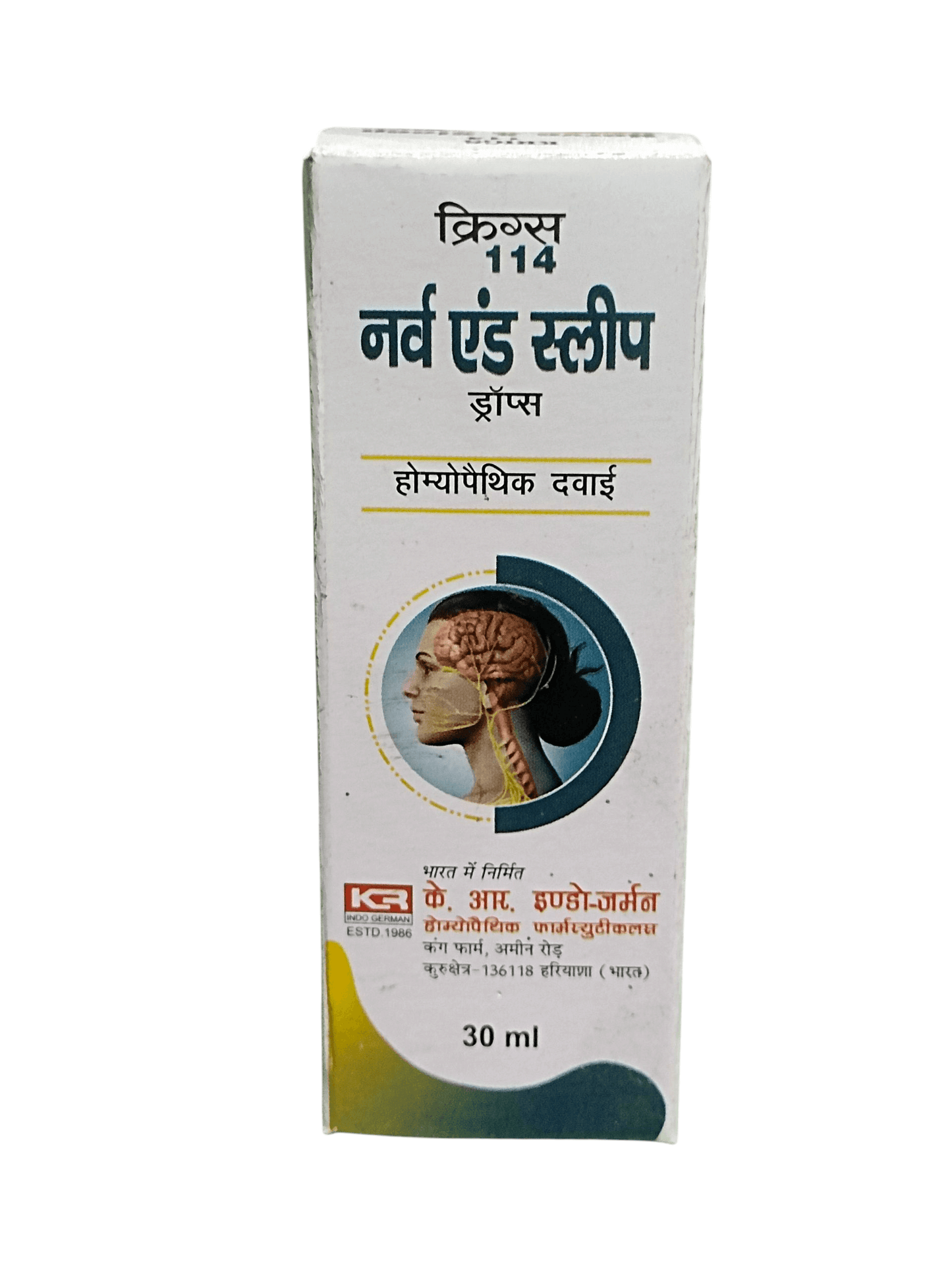 KRIG'S 114 NERVE & SLEEP DROPS HOMEOPATHIC MEDICINE 30ML packaging for stress relief and sleep support.