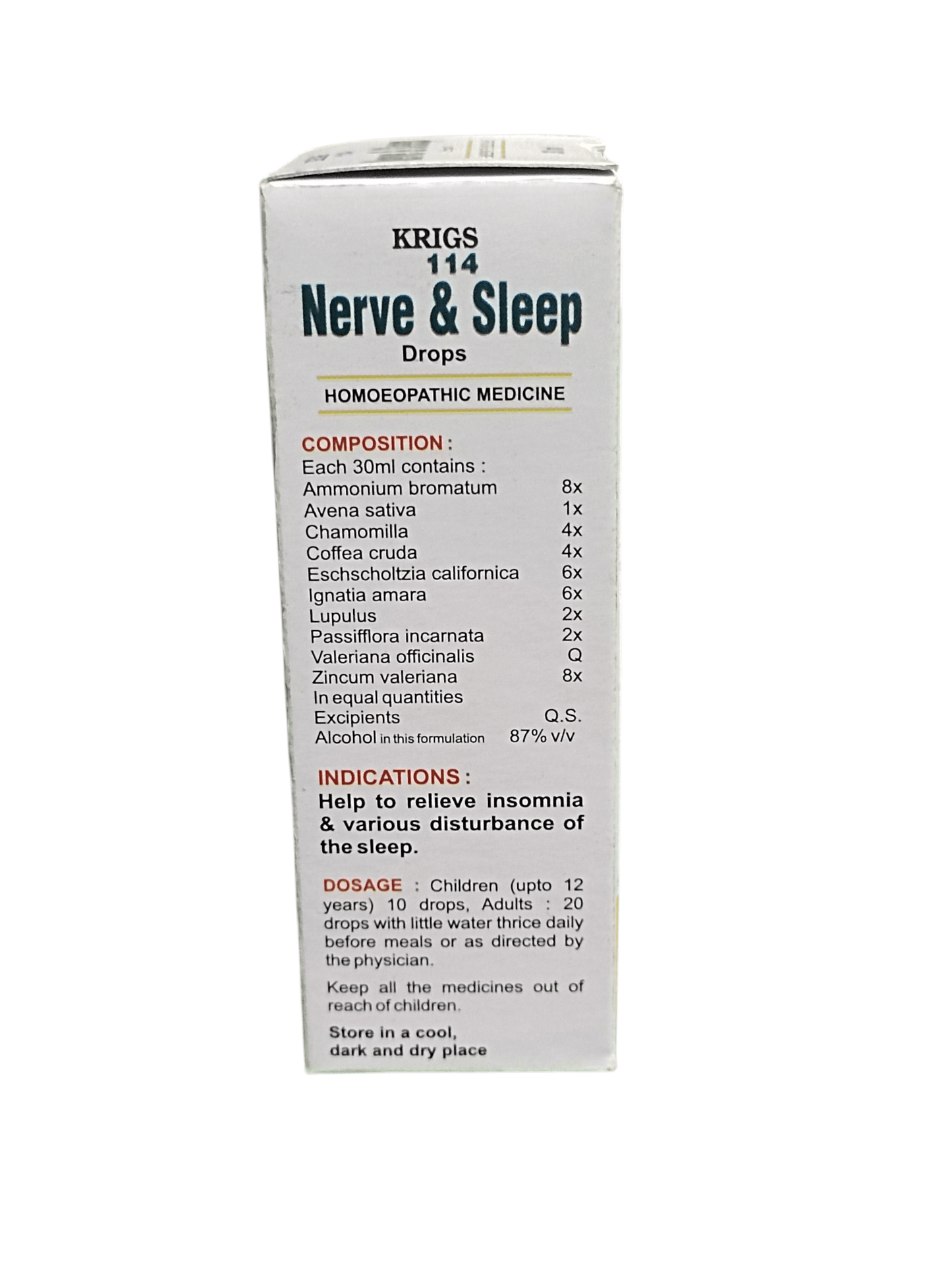 KRIG'S 114 NERVE & SLEEP DROPS HOMEOPATHIC MEDICINE 30ML detailed ingredient list and usage instructions.
