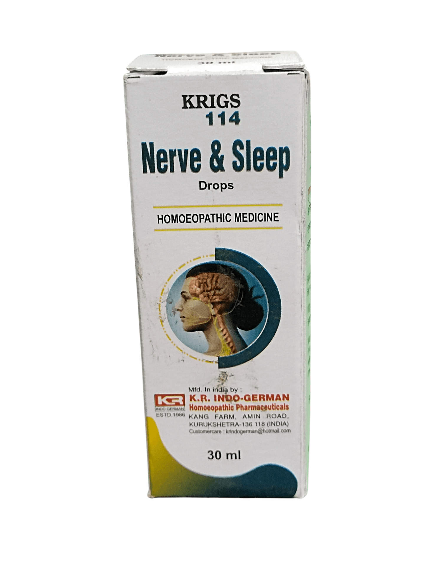 KRIG'S 114 NERVE & SLEEP DROPS HOMEOPATHIC MEDICINE 30ML packaging for stress relief and restful sleep.