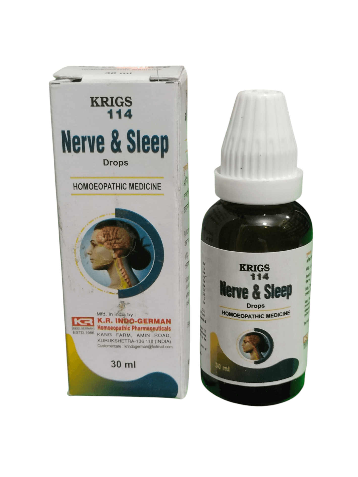 KRIG'S 114 NERVE & SLEEP DROPS HOMEOPATHIC MEDICINE 30ML in packaging and bottle for stress and sleeplessness.
