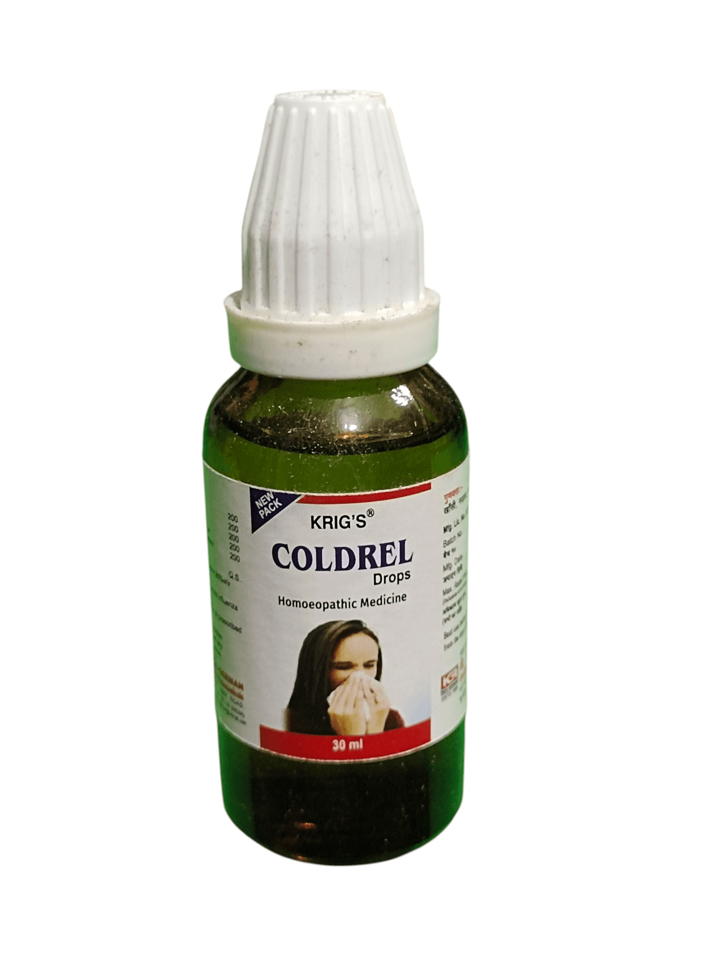 KRIG'S COLDREL DROPS HOMEOPATHIC MEDICINE 30ML in a green bottle for cold relief.