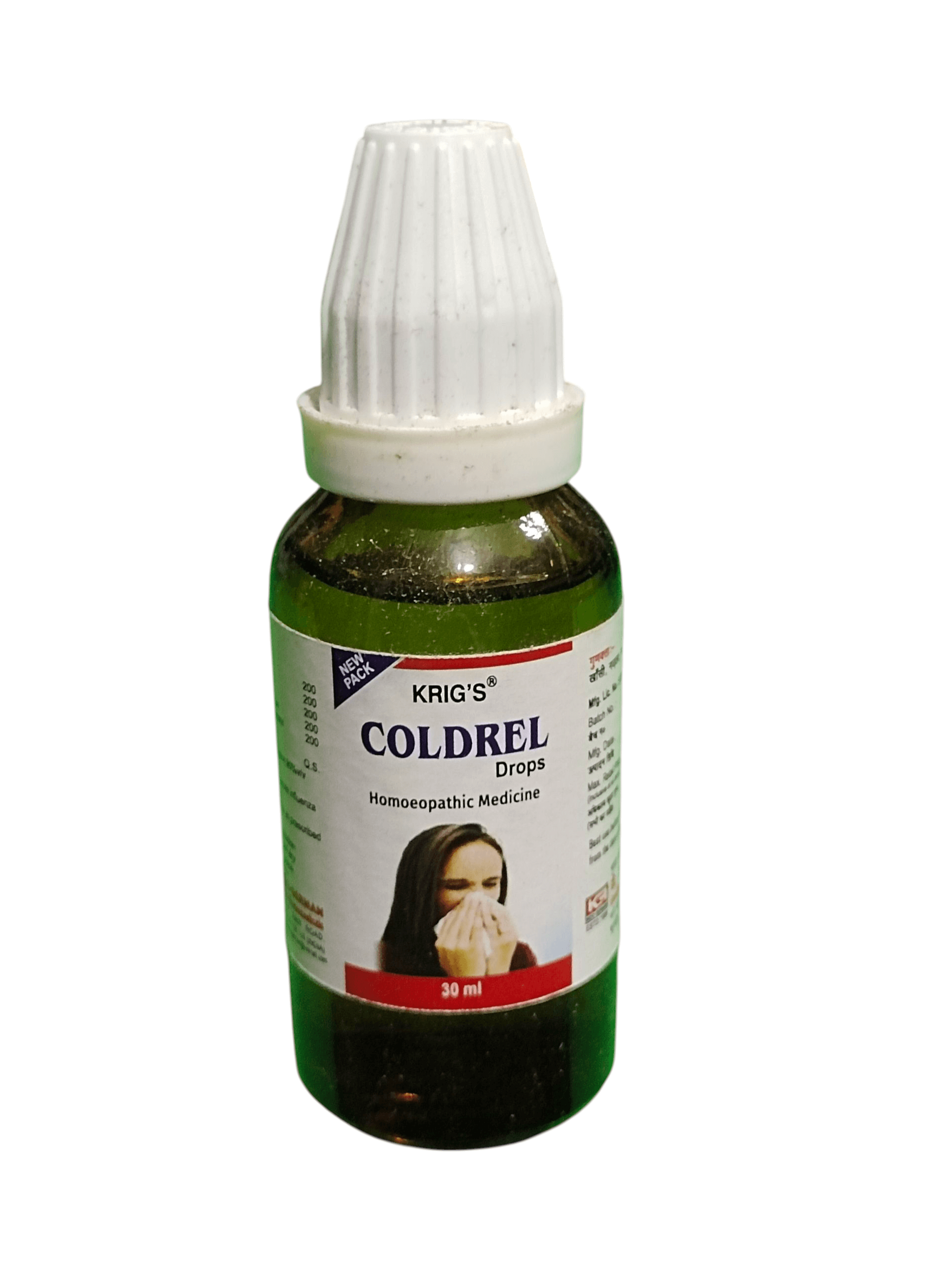 KRIG'S COLDREL DROPS HOMEOPATHIC MEDICINE 30ML in a green bottle for cold relief.