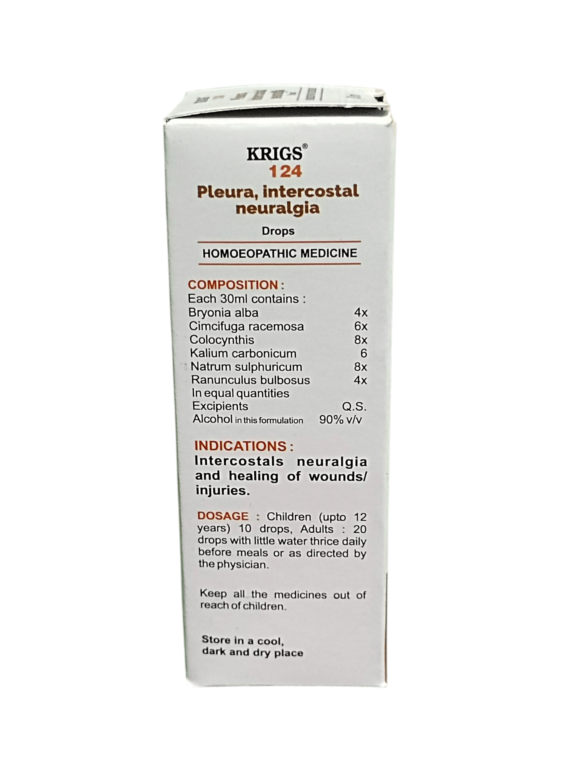 KRIG'S 124 PLEURA INTERCOSTAL NEURALGIA DROPS HOMEOPATHIC MEDICINE 30ML box side view with ingredients and dosage.