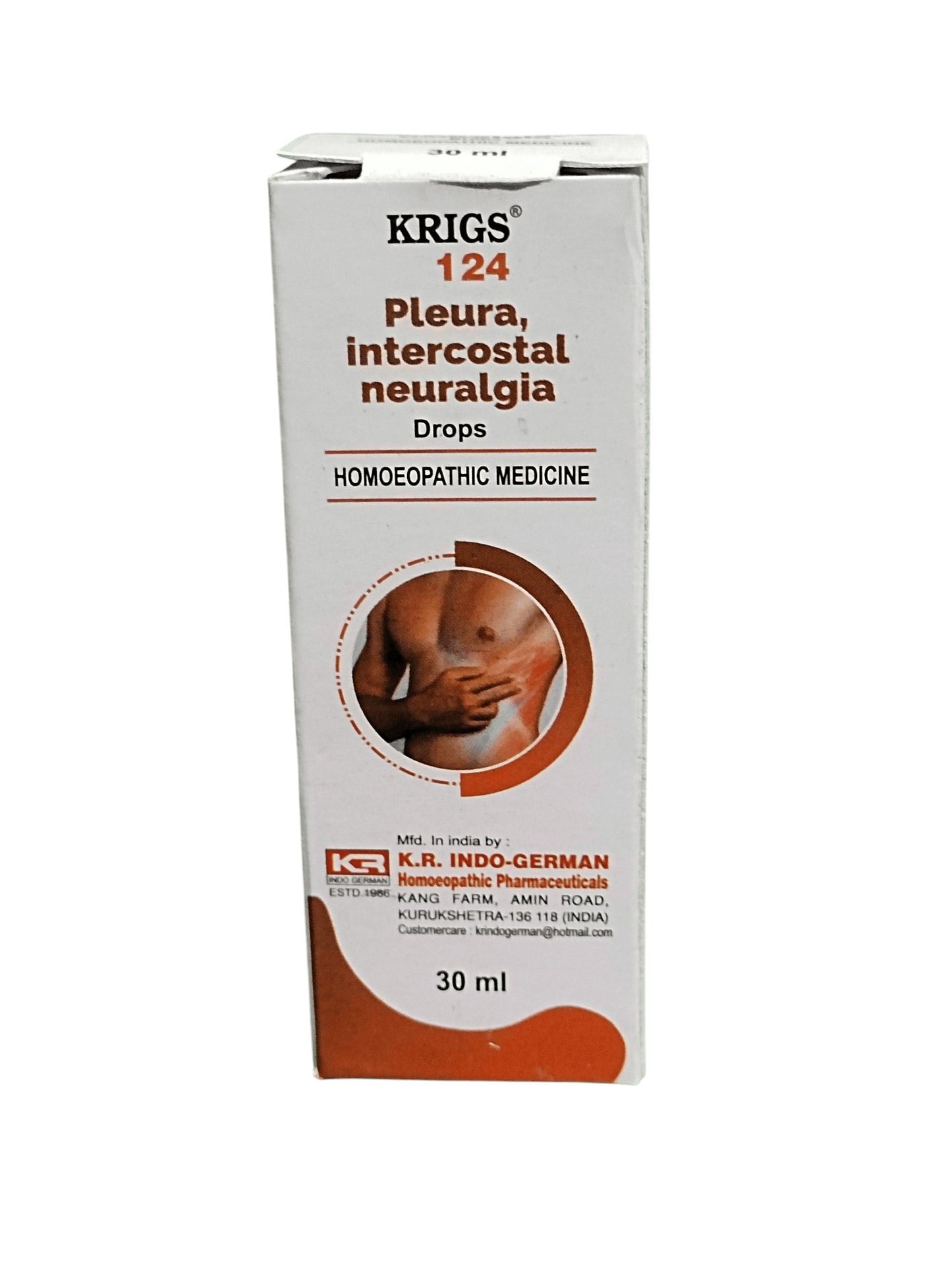 KRIG'S 124 PLEURA INTERCOSTAL NEURALGIA DROPS HOMEOPATHIC MEDICINE 30ML packaging for relieving intercostal pain.