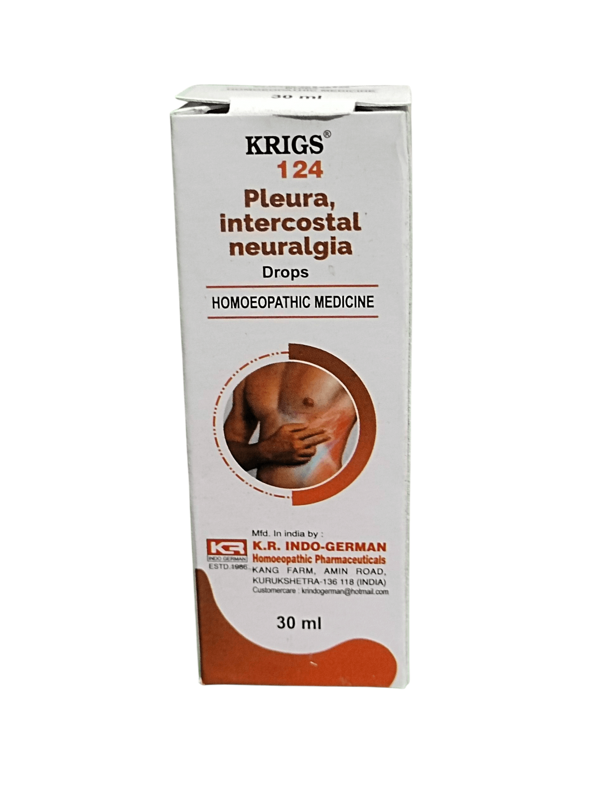 KRIG'S 124 PLEURA INTERCOSTAL NEURALGIA DROPS HOMEOPATHIC MEDICINE 30ML packaging for relieving intercostal pain.