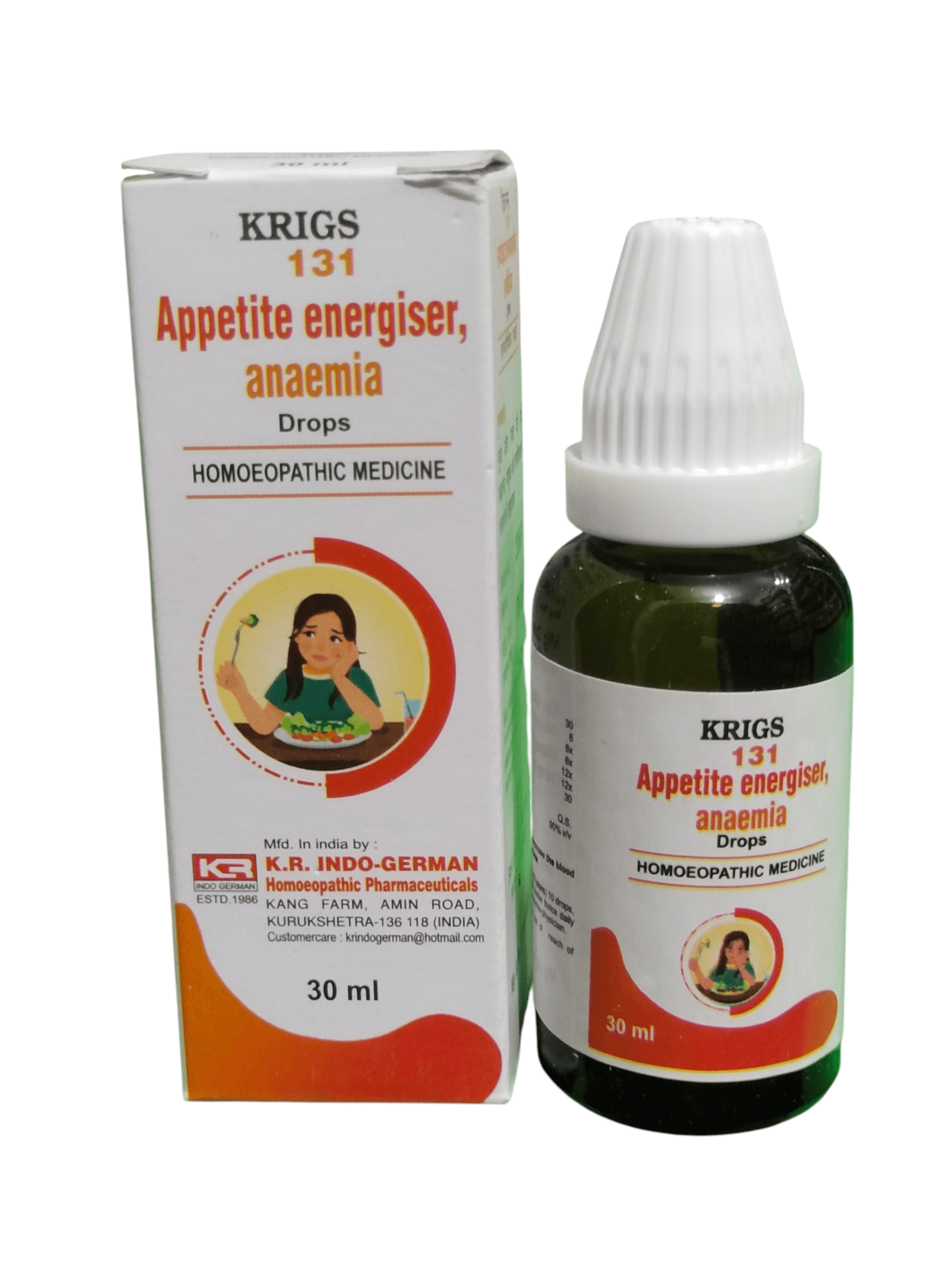 KRIG'S 131 APPETITE ENERGISER ANAEMIA HOMEOPATHIC MEDICINE 30ML in a bottle with a box, designed for appetite support.