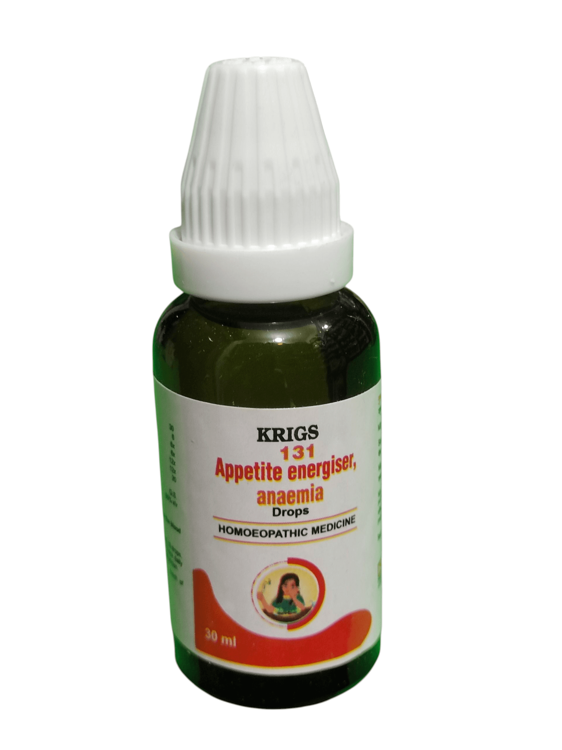 KRIG'S 131 APPETITE ENERGISER ANAEMIA HOMEOPATHIC MEDICINE 30ML bottle of homeopathic drops.