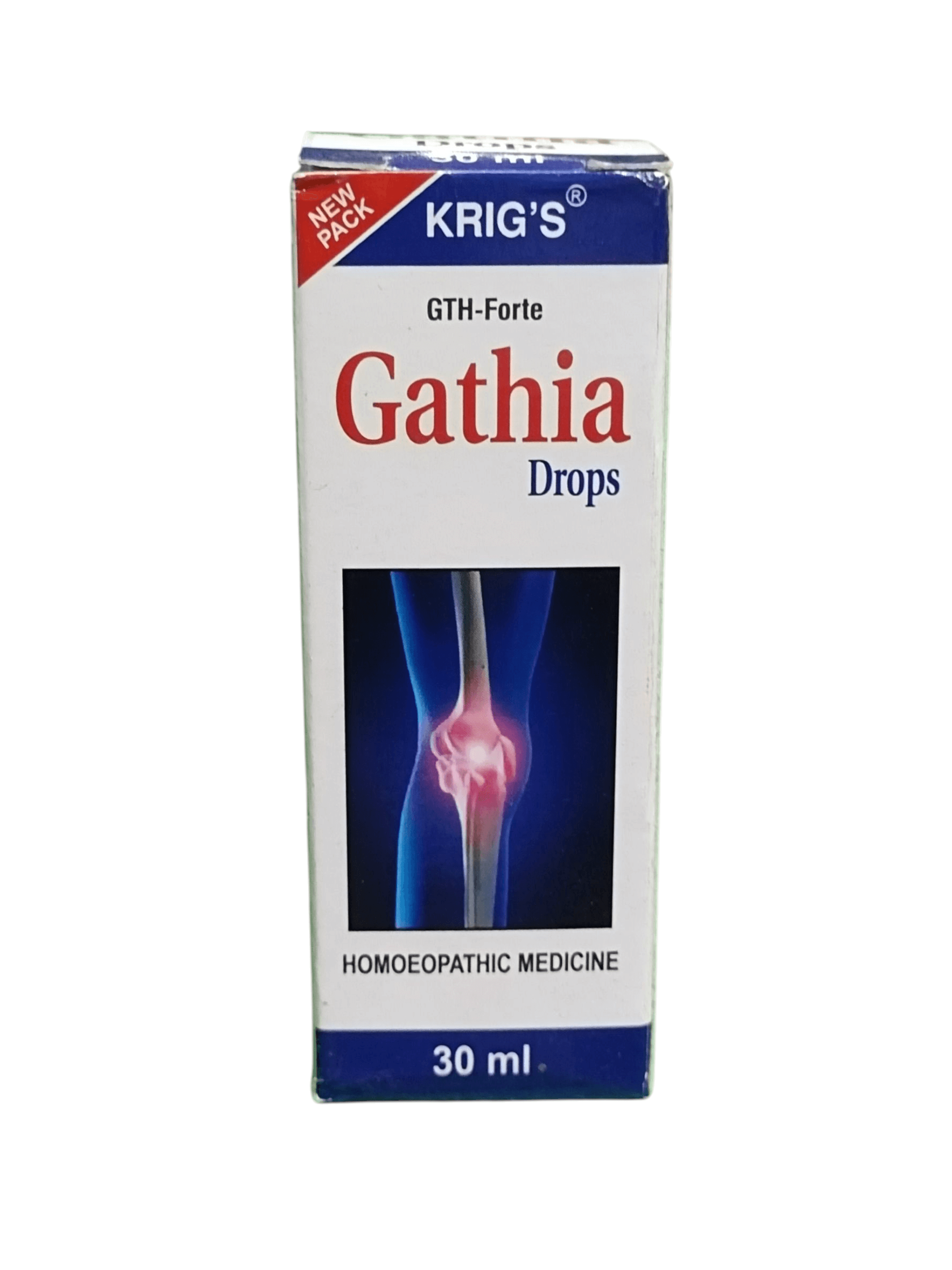 KRIG'S GATHIA DROPS HOMEOPATHIC MEDICINE 30ML - Packaging for joint pain relief and uric acid treatment.