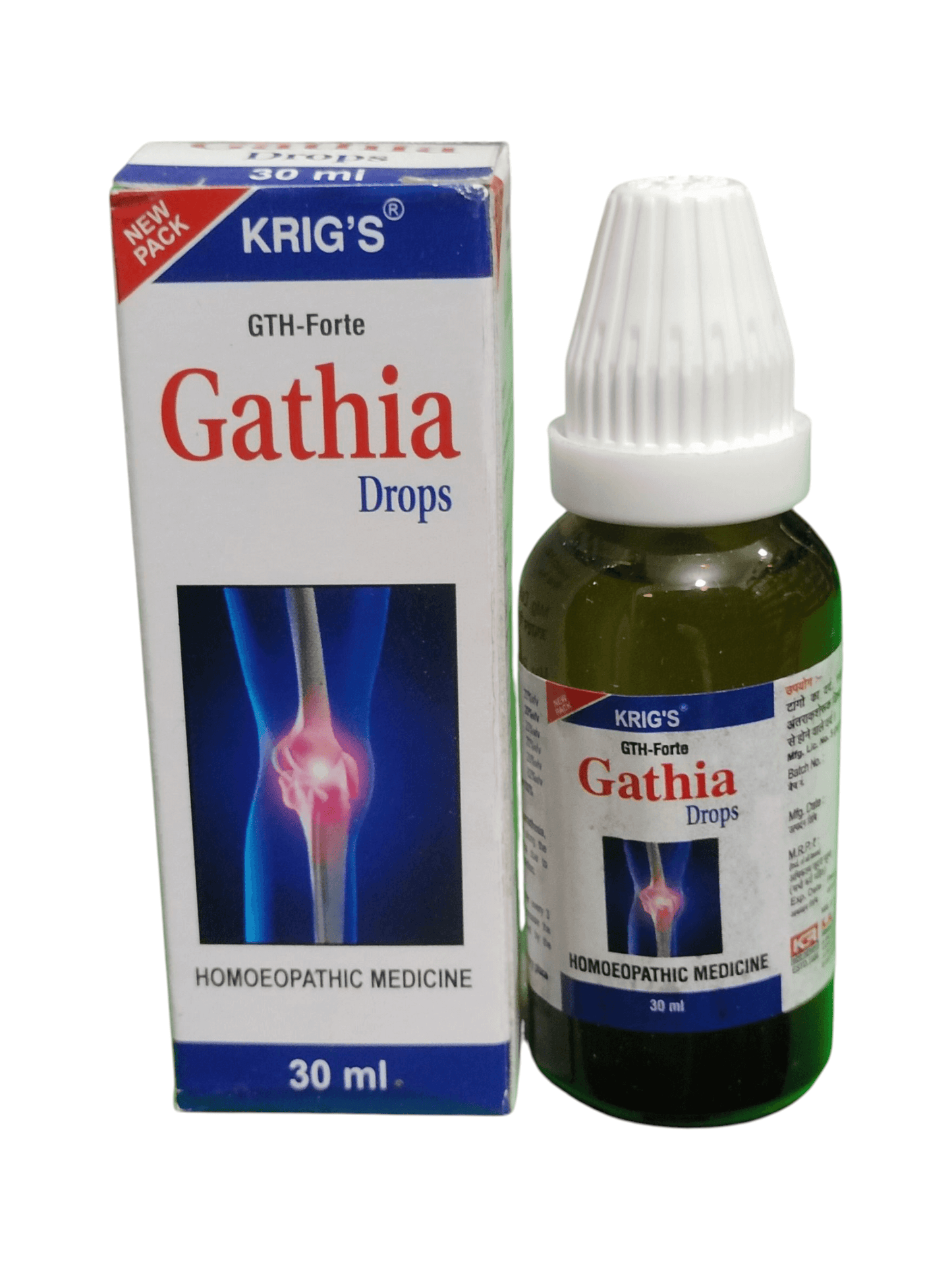 KRIG'S GATHIA DROPS HOMEOPATHIC MEDICINE 30ML - Relief for joint pain and gout, 30ml bottle and packaging.