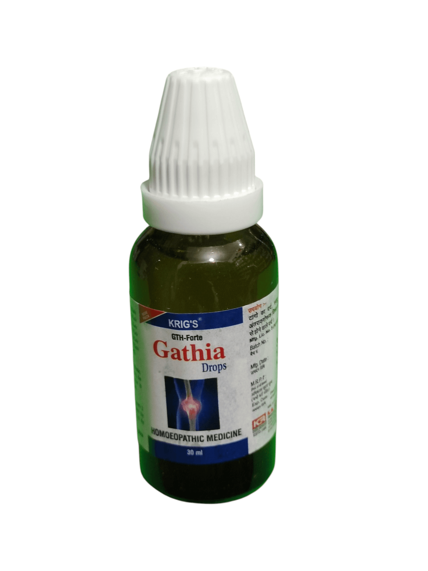 KRIG'S GATHIA DROPS HOMEOPATHIC MEDICINE 30ML bottle for joint pain and gout relief.