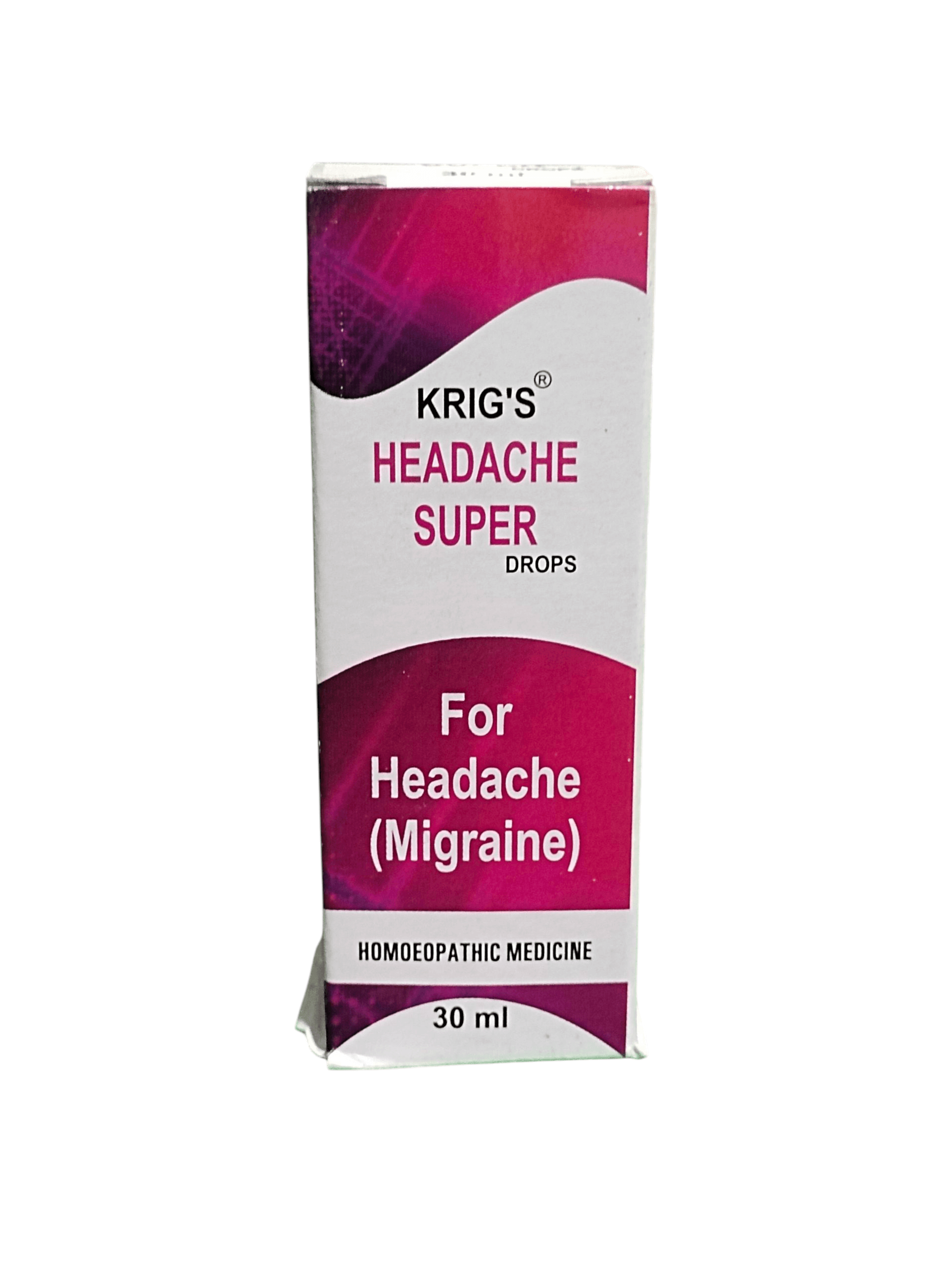 KRIG'S HEADACHE SUPER DROPS HOMEOPATHIC MEDICINE 30ML packaging for headache relief and migraine discomfort.