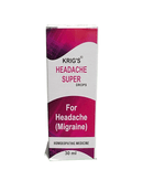 KRIG'S HEADACHE SUPER DROPS HOMEOPATHIC MEDICINE 30ML packaging for headache relief and migraine discomfort.
