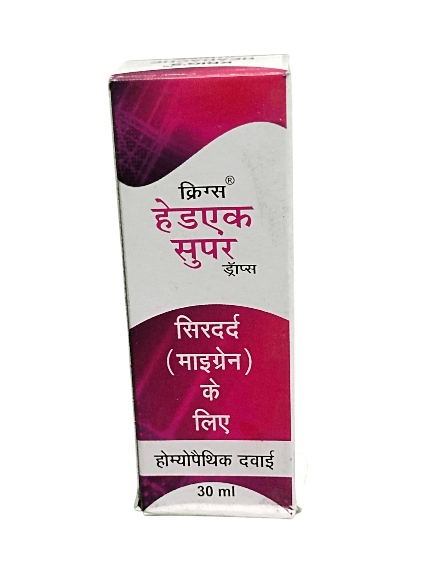 KRIG'S HEADACHE SUPER DROPS HOMEOPATHIC MEDICINE 30ML Packaging for headache and migraine relief.