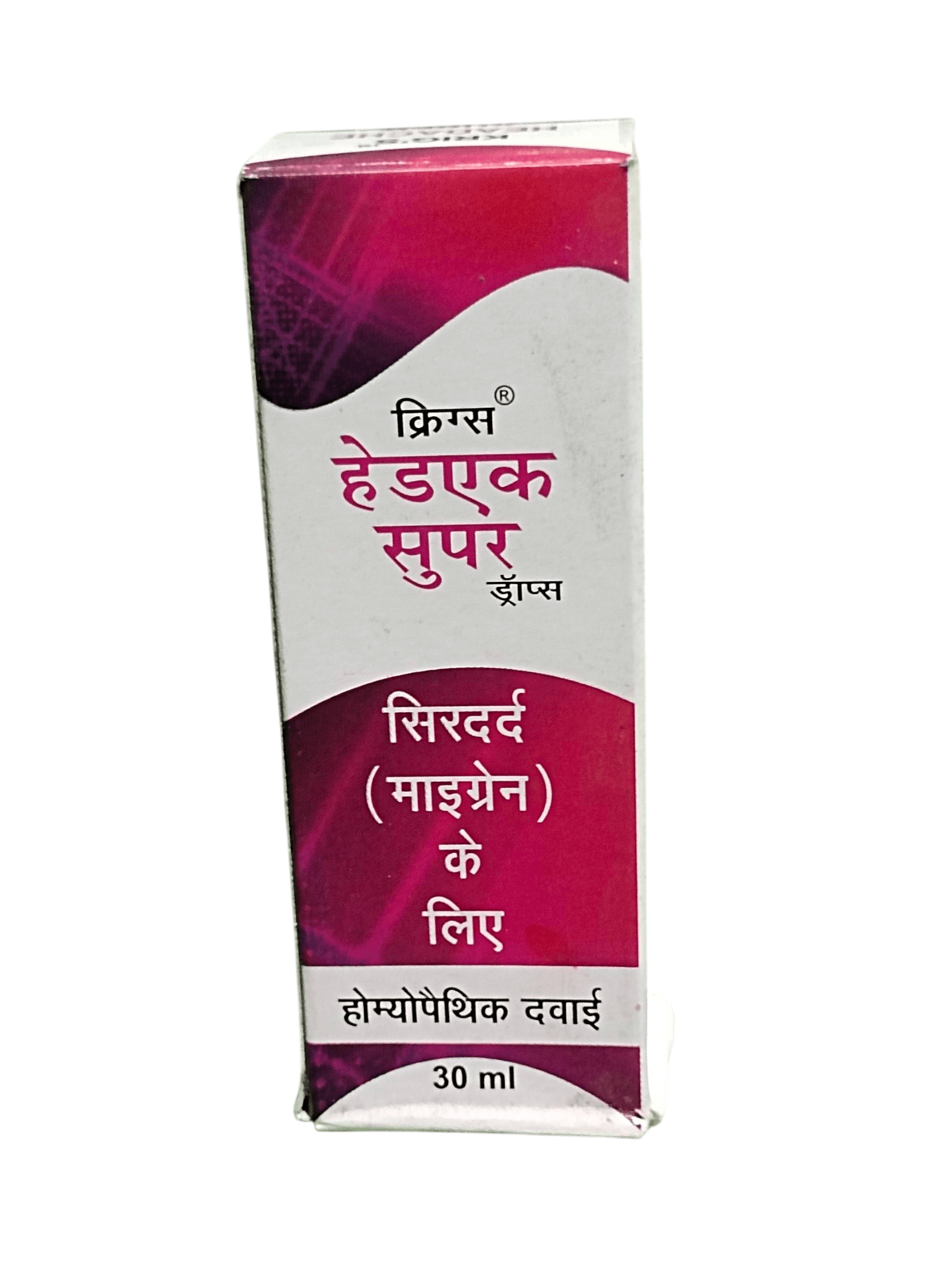 KRIG'S HEADACHE SUPER DROPS HOMEOPATHIC MEDICINE 30ML Packaging for headache and migraine relief.