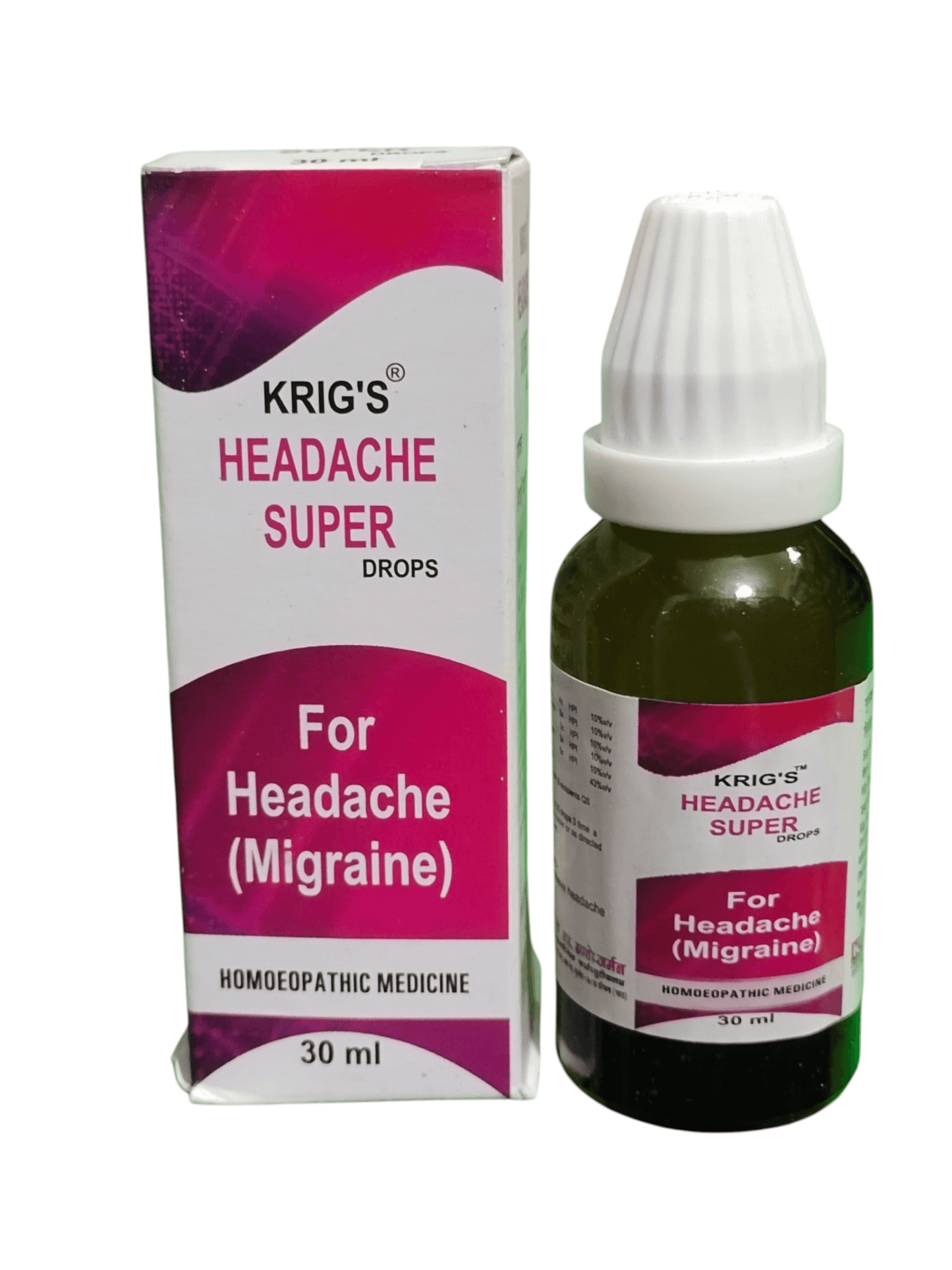 KRIG'S HEADACHE SUPER DROPS HOMEOPATHIC MEDICINE 30ML product image with packaging for migraine relief.