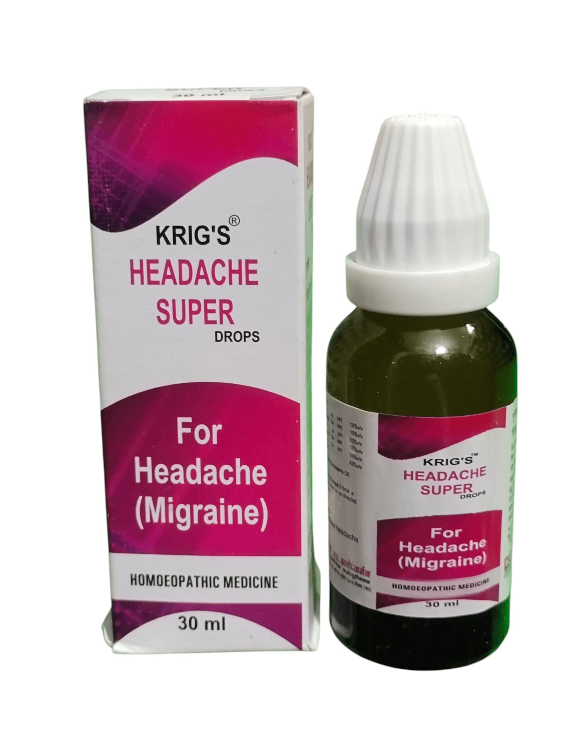 KRIG'S HEADACHE SUPER DROPS HOMEOPATHIC MEDICINE 30ML product image with packaging for migraine relief.