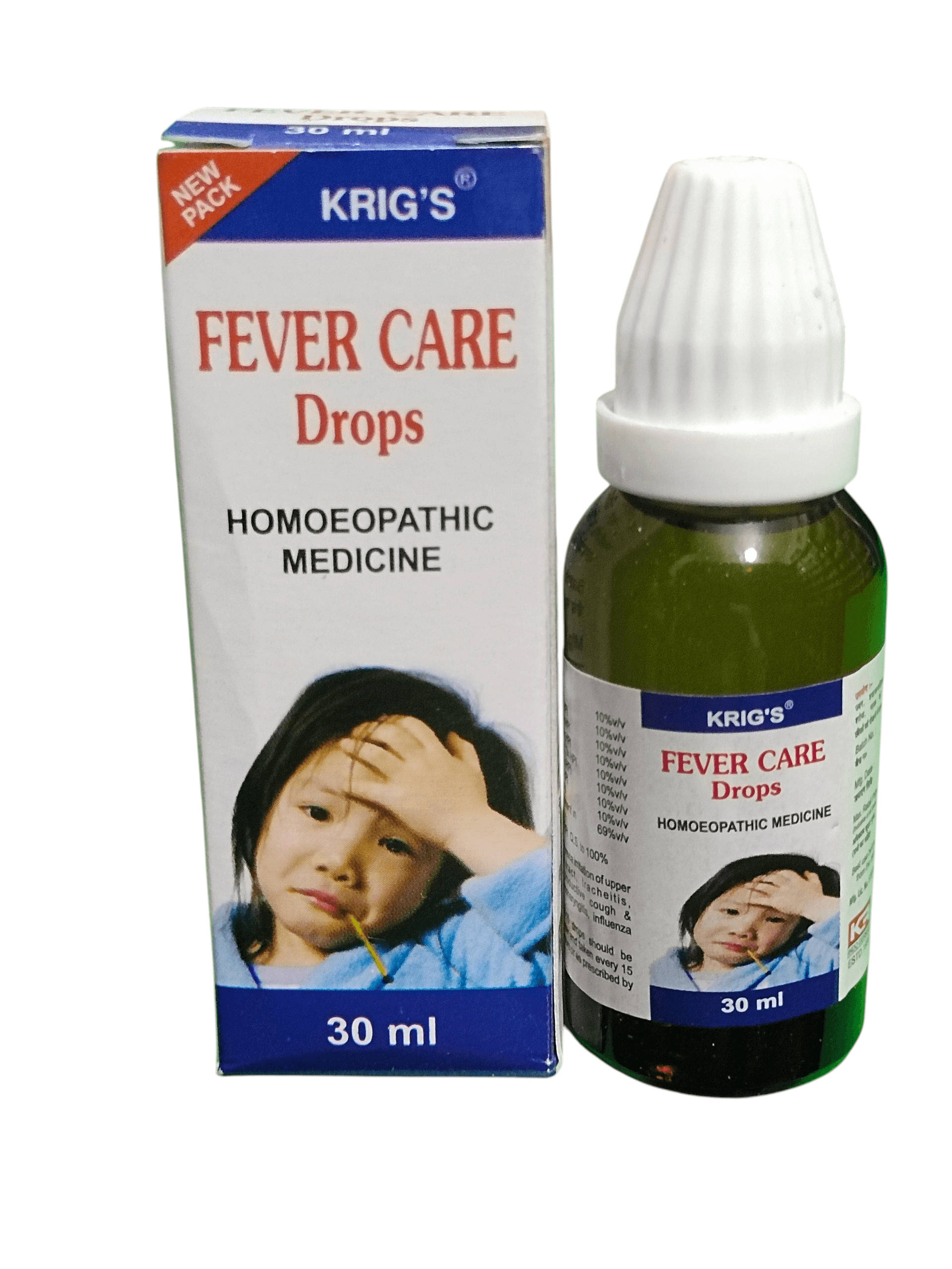 KRIG'S FEVER CARE DROPS HOMEOPATHIC MEDICINE 30ML packaging and bottle for fever relief