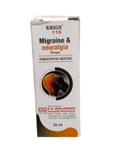 KRIG'S 116 MIGRAINE & NEURALGIA DROPS HOMEOPATHIC MEDICINE 30ML packaging with ergonomic design for headache relief.