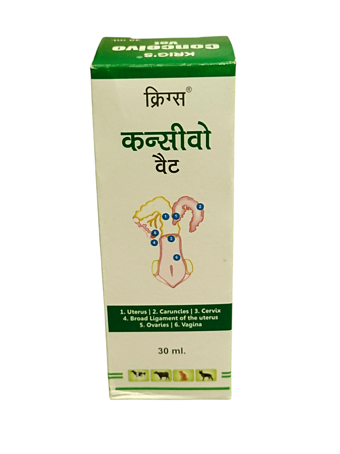 KRIG'S CONCEIVO VET HOMEOPATHIC MEICINE 30ML packaging for fertility support in female animals