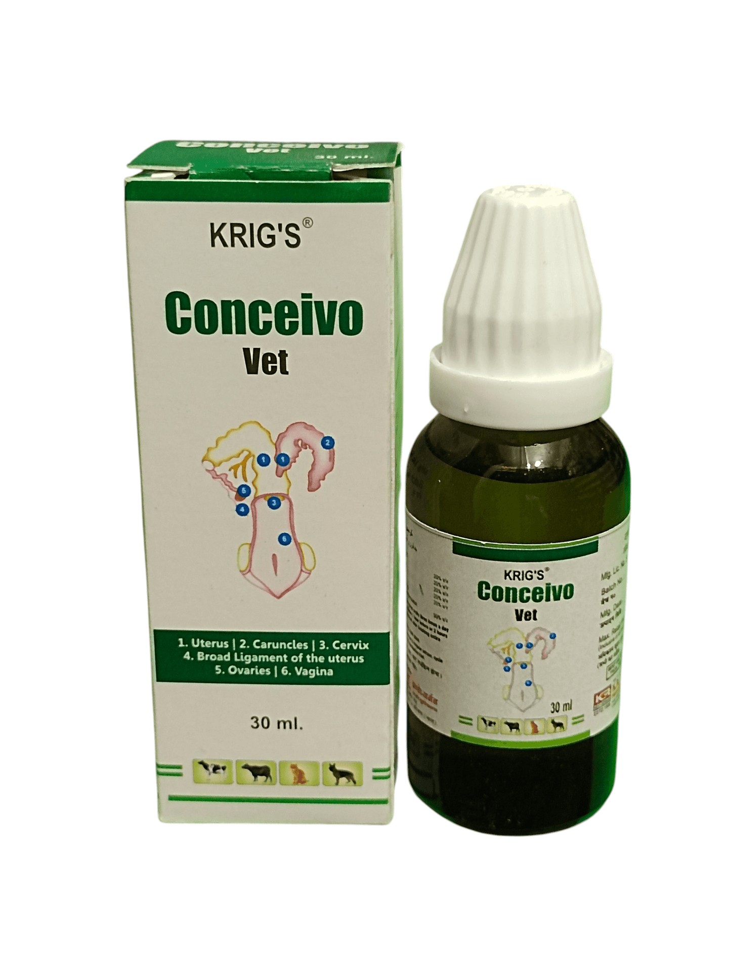 KRIG'S CONCEIVO VET HOMEOPATHIC MEICINE 30ML - bottle with packaging for fertility support in female animals.