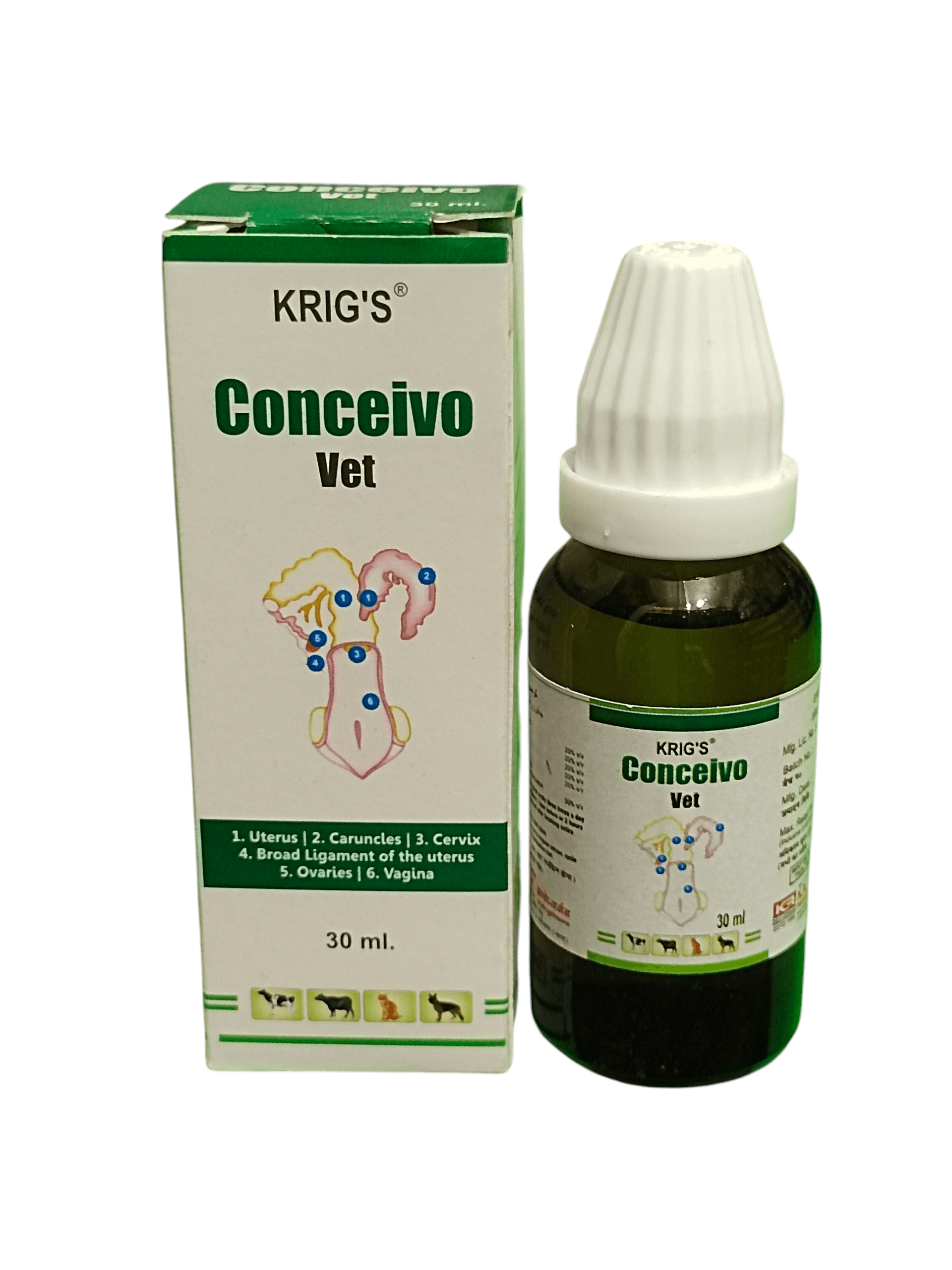 KRIG'S CONCEIVO VET HOMEOPATHIC MEICINE 30ML - bottle with packaging for fertility support in female animals.