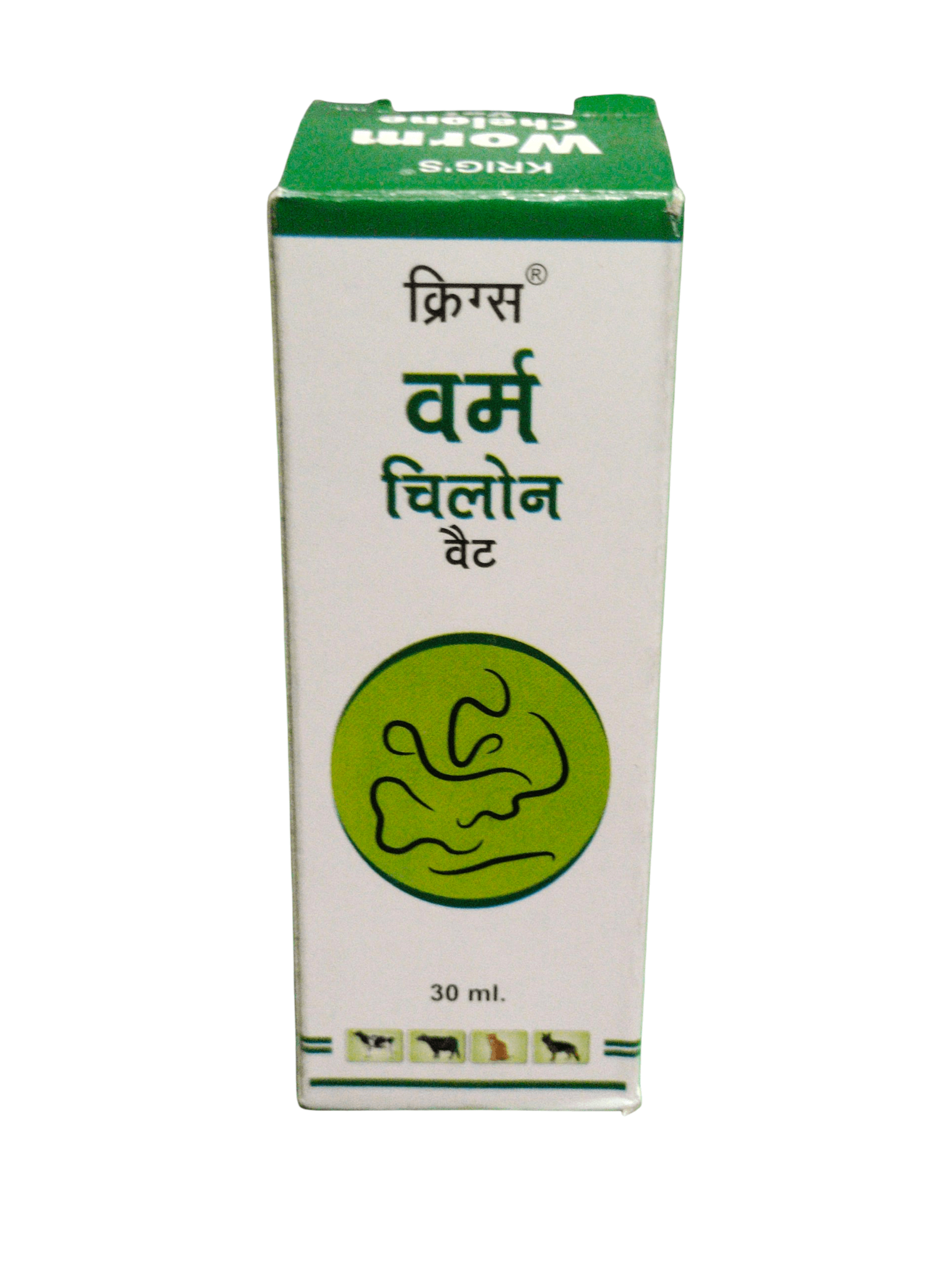 KRIG'S WORM CHELONE VET DROPS HOMEOPATHIC MEDICINE 30ML packaging for pet deworming.