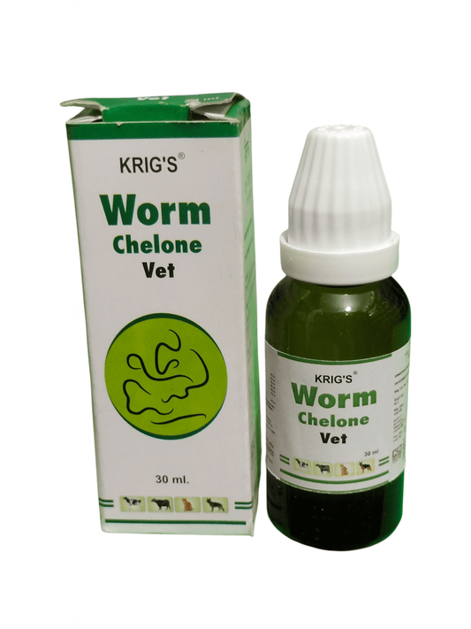 KRIG'S WORM CHELONE VET DROPS HOMEOPATHIC MEDICINE 30ML in a green bottle with a white cap and branded packaging.