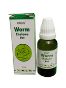 KRIG'S WORM CHELONE VET DROPS HOMEOPATHIC MEDICINE 30ML in a green bottle with a white cap and branded packaging.