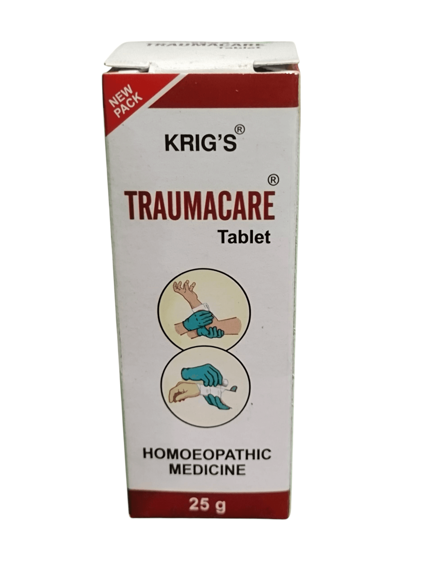 KRIG'S TRAUMACARE TABLET HOMEOPATHIC MEDICINE 25G packaging for pain and injury relief.