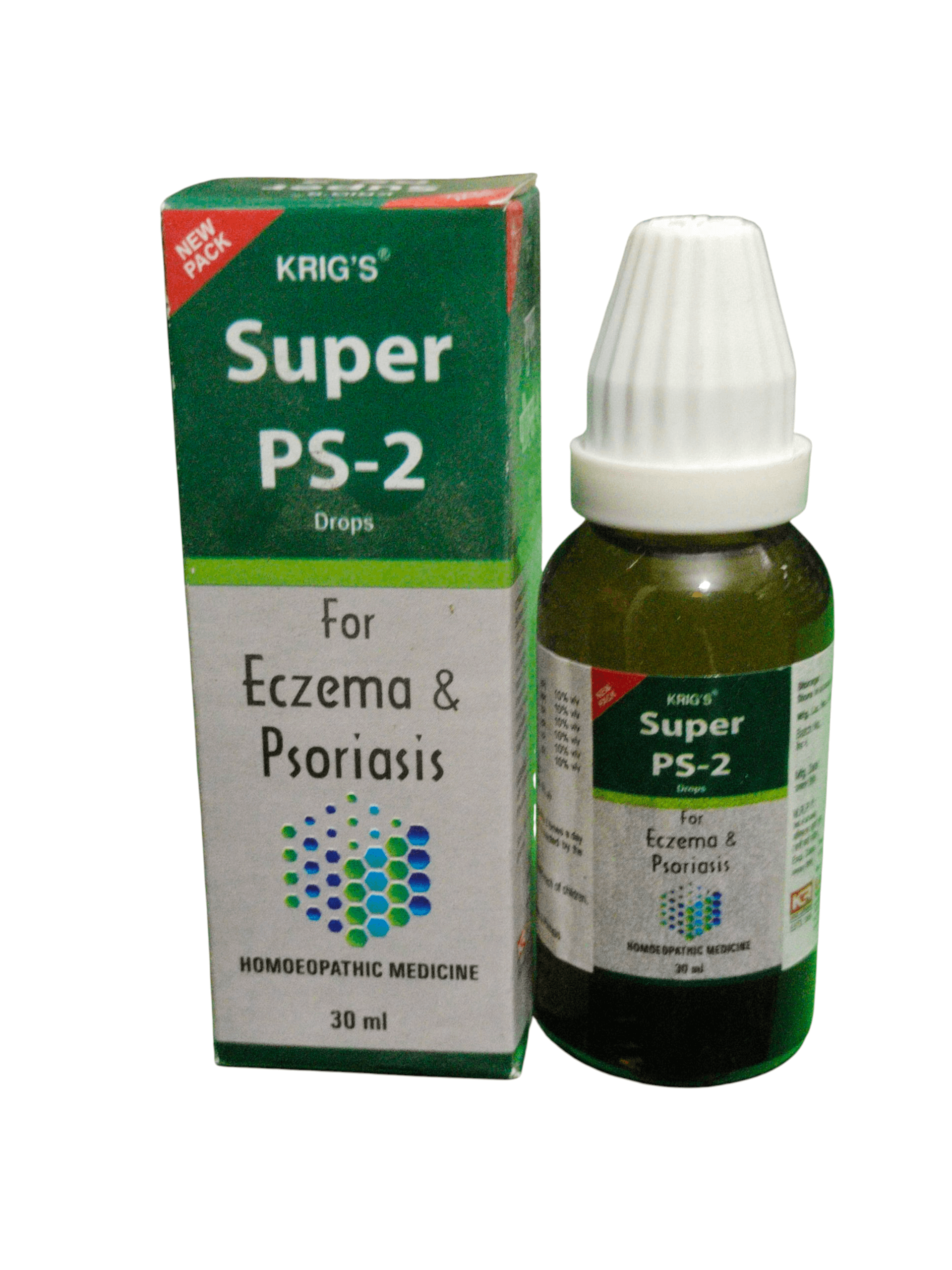 KRIG'S Super PS-2 Drops For Eczema & Psoriasis Homeopathic Medicine 30ML in packaging with dropper.