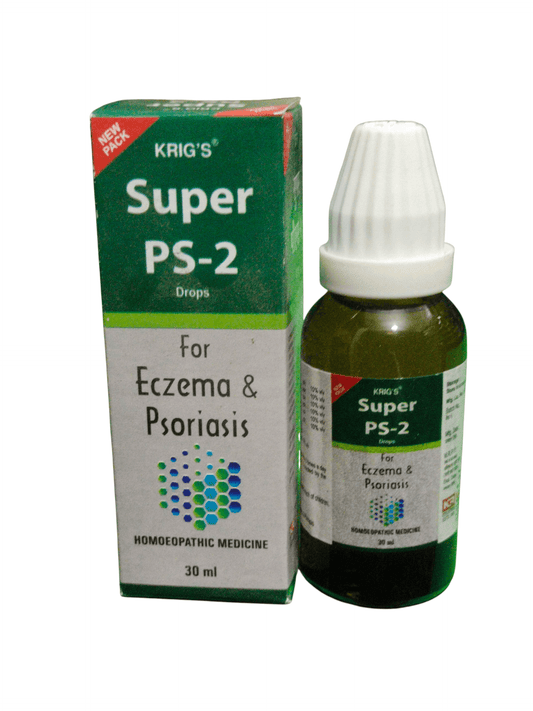KRIG'S Super PS-2 Drops For Eczema & Psoriasis Homeopathic Medicine 30ML in packaging with dropper.