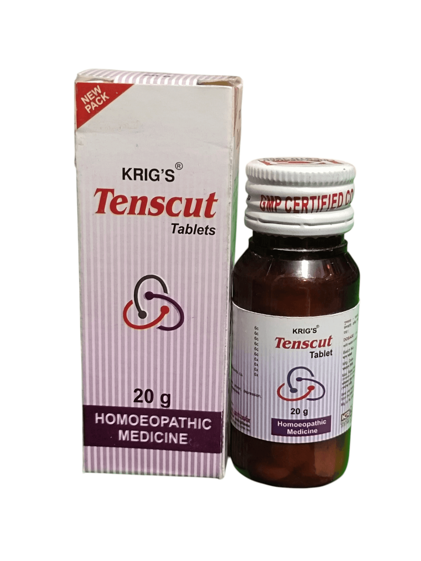 KRIG'S TENSCUT TABLETS HOMEOPATHIC MEDICINE 20G bottle and packaging for stress relief and relaxation.