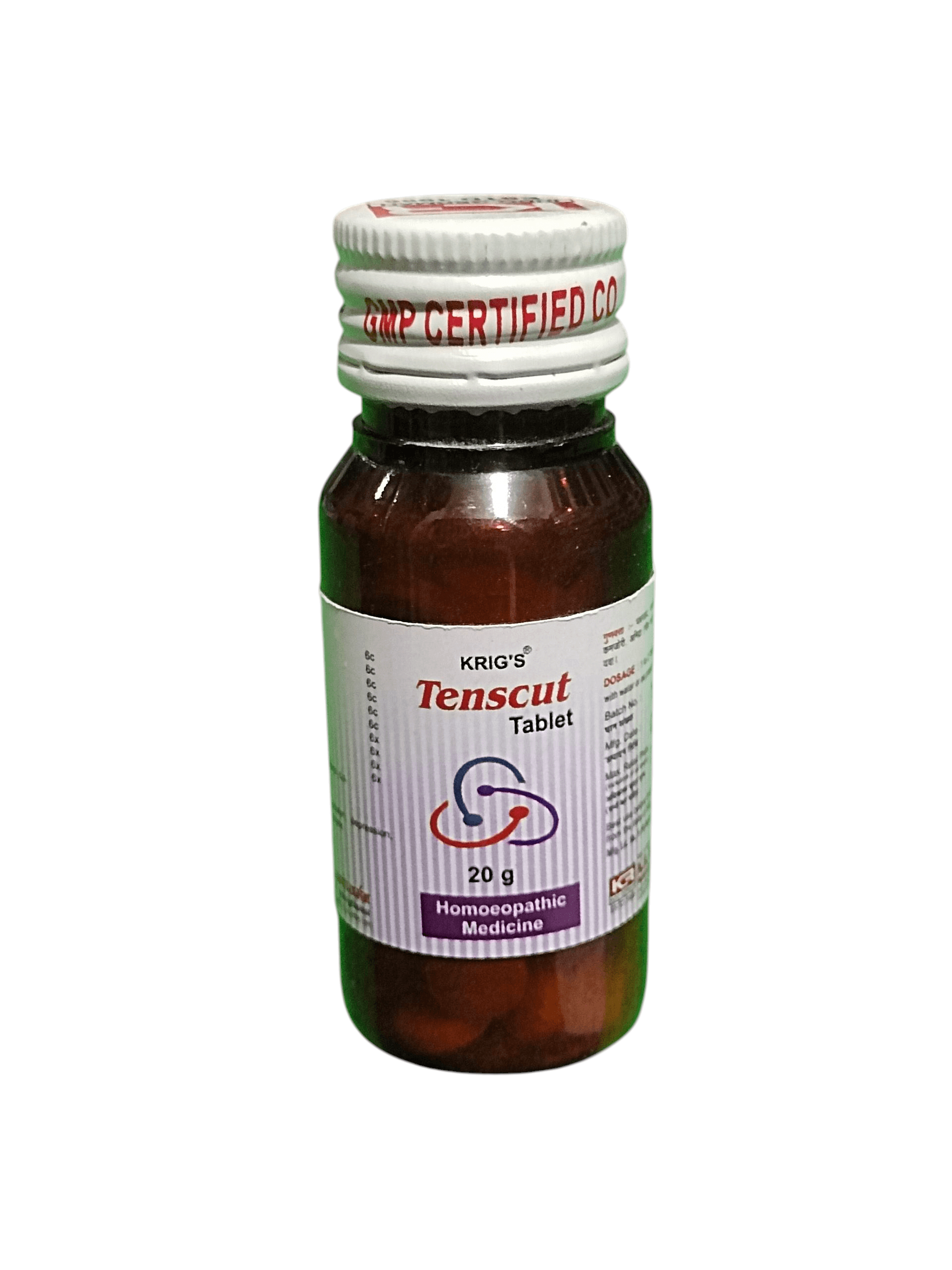 KRIG'S TENSCUT TABLETS HOMEOPATHIC MEDICINE 20G in a dark bottle with a white label