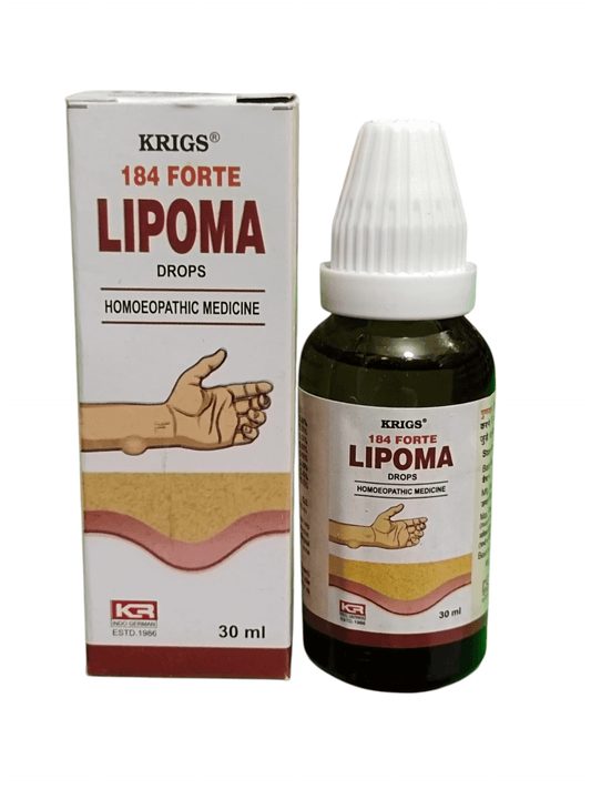 Krigs 184 Forte Lipoma Drops packaging and bottle on a white background