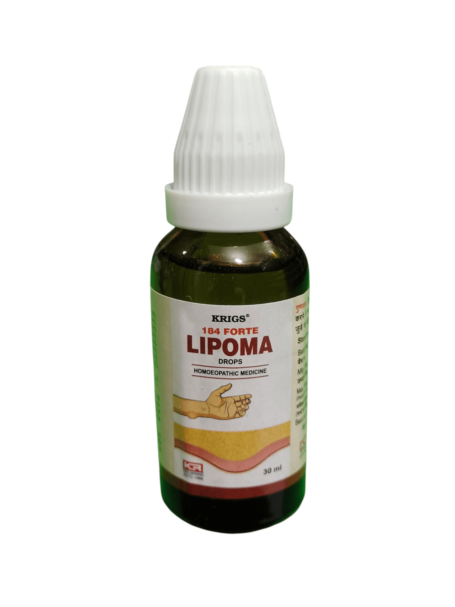 Bottle of Lipoma drops with a white cap on a white background