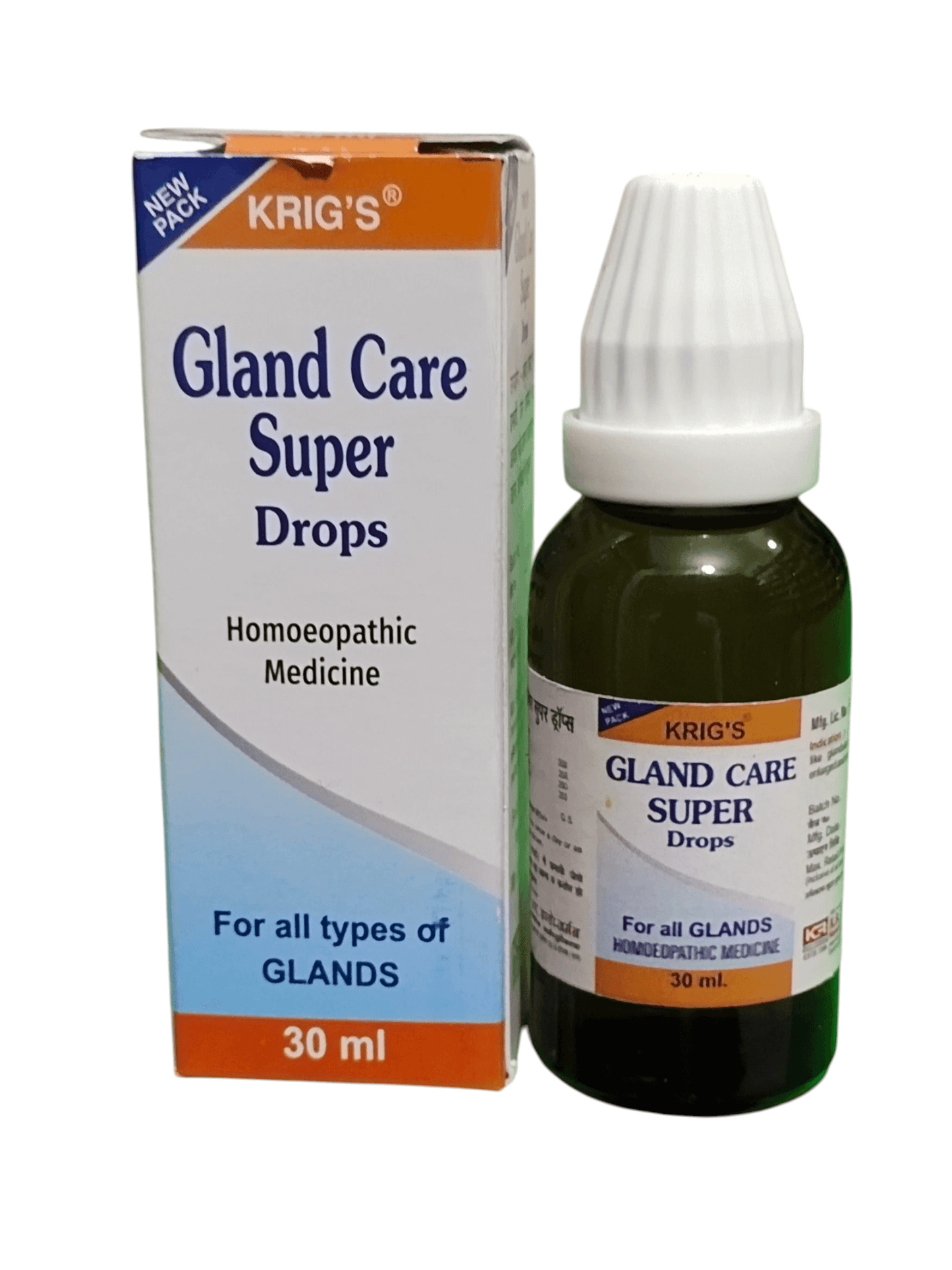 Krig's Gland Care Super Drops packaging and bottle on a white background