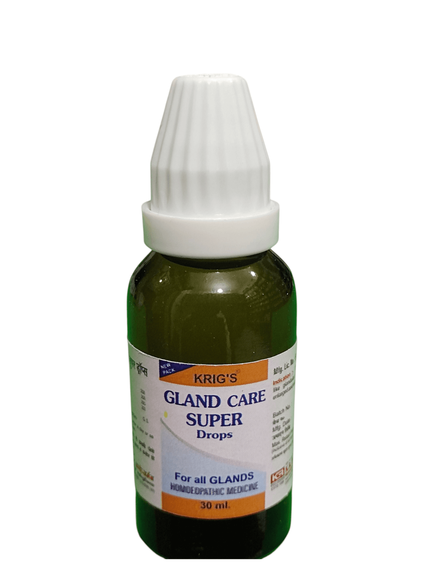 Bottle of Krig's Gland Care Super Drops on a white background