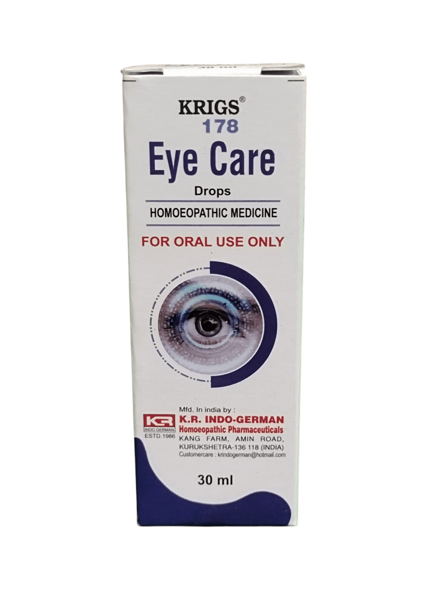 Krigs 178 Eye Care Drops packaging on a white background