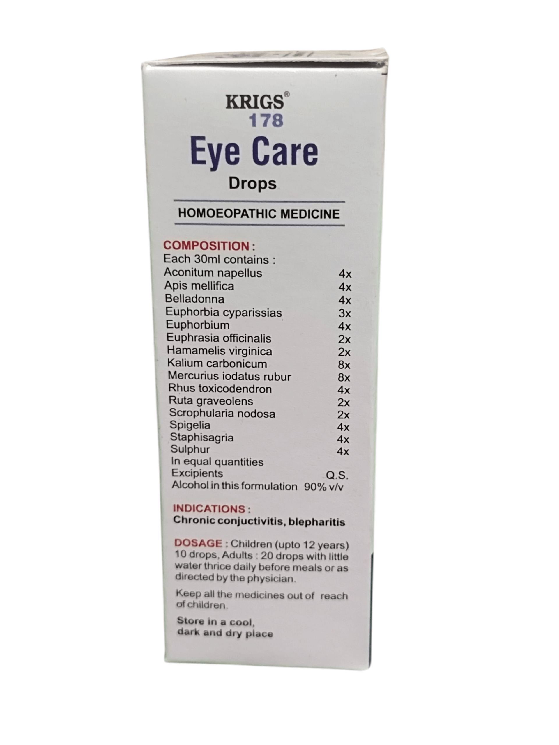 Box of Krigs 178 Eye Care Drops with detailed ingredient list on a white background