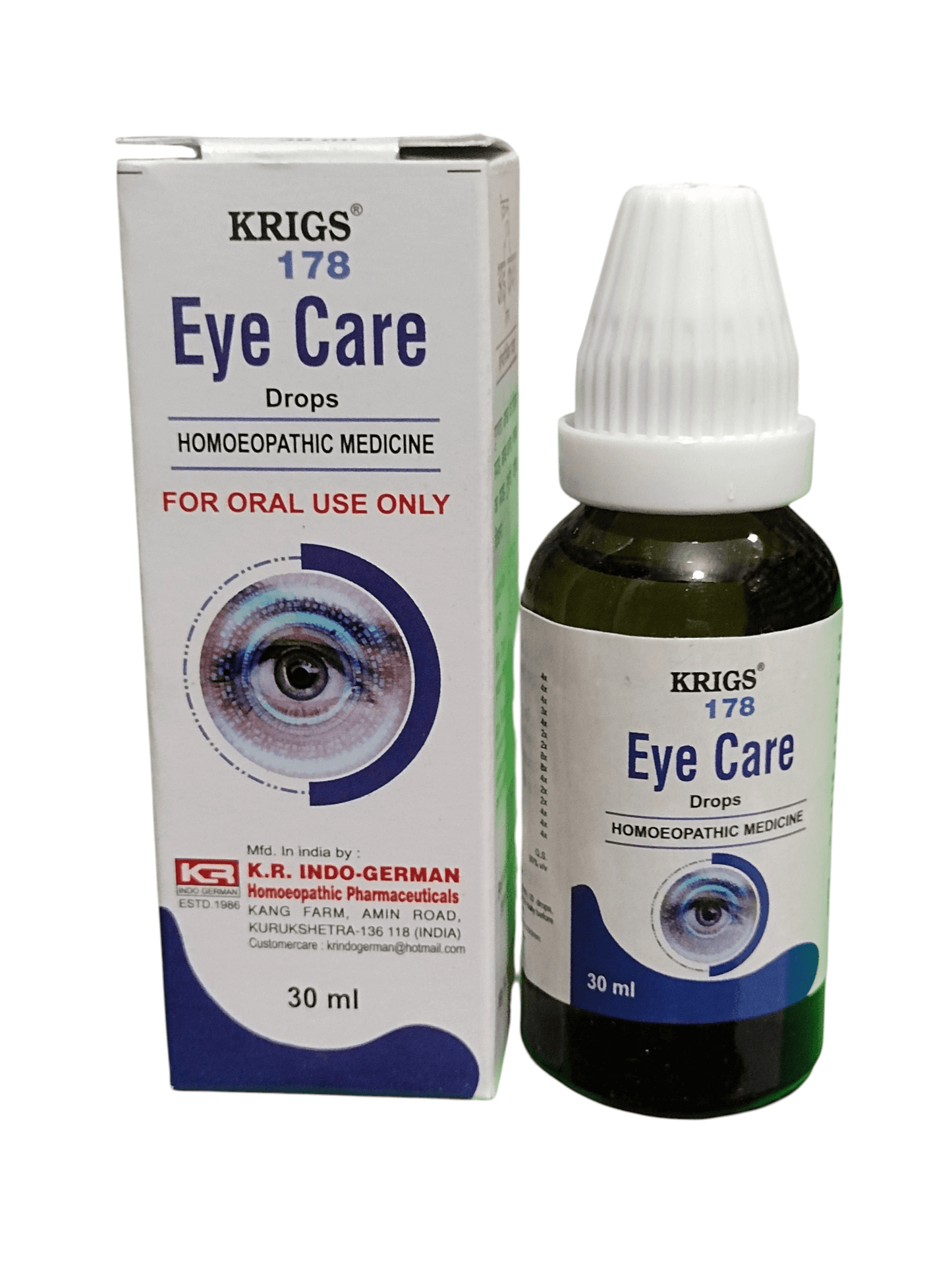 Krigs 178 Eye Care Drops packaging and bottle on a white background