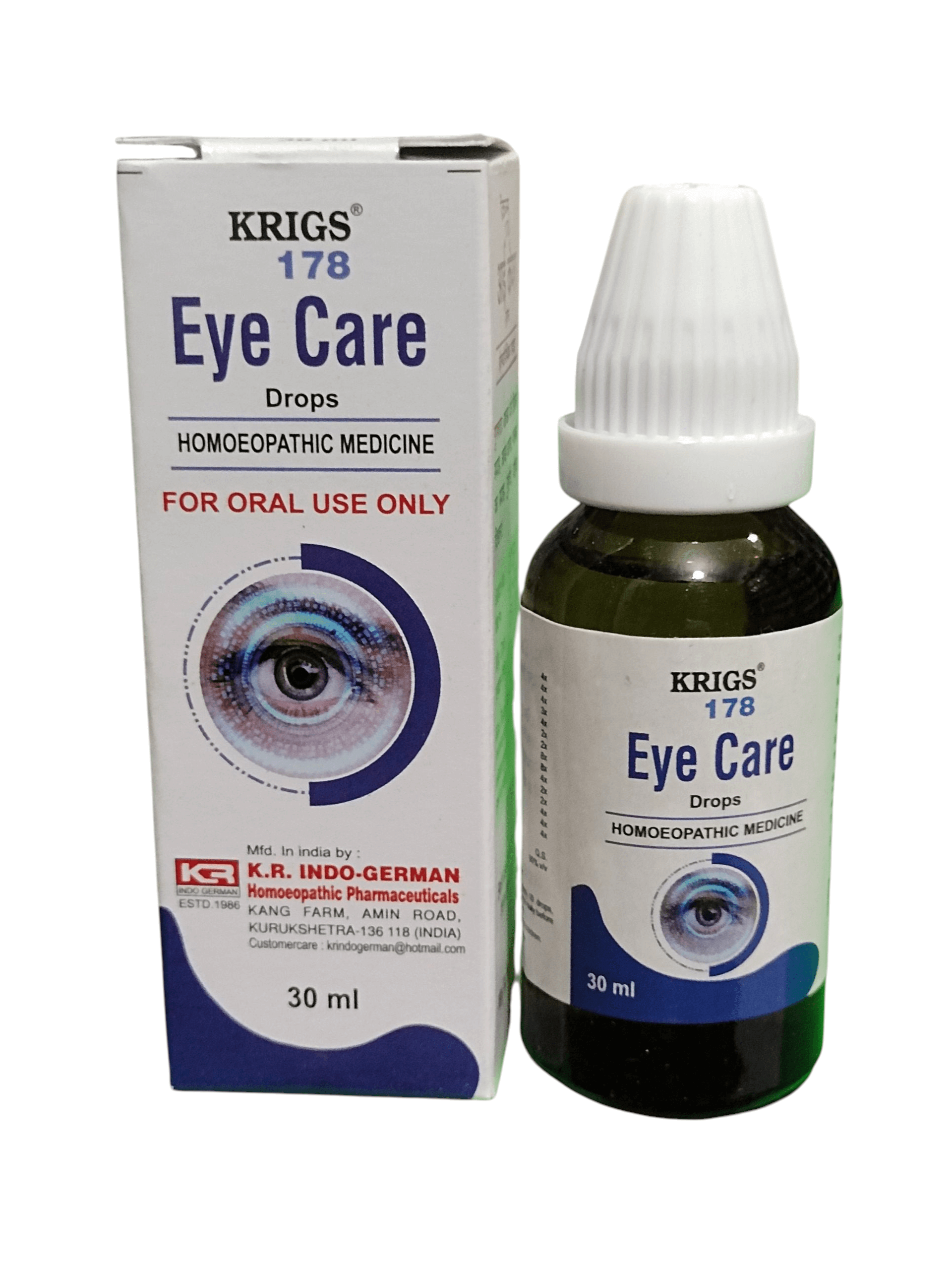 Krigs 178 Eye Care Drops packaging and bottle on a white background