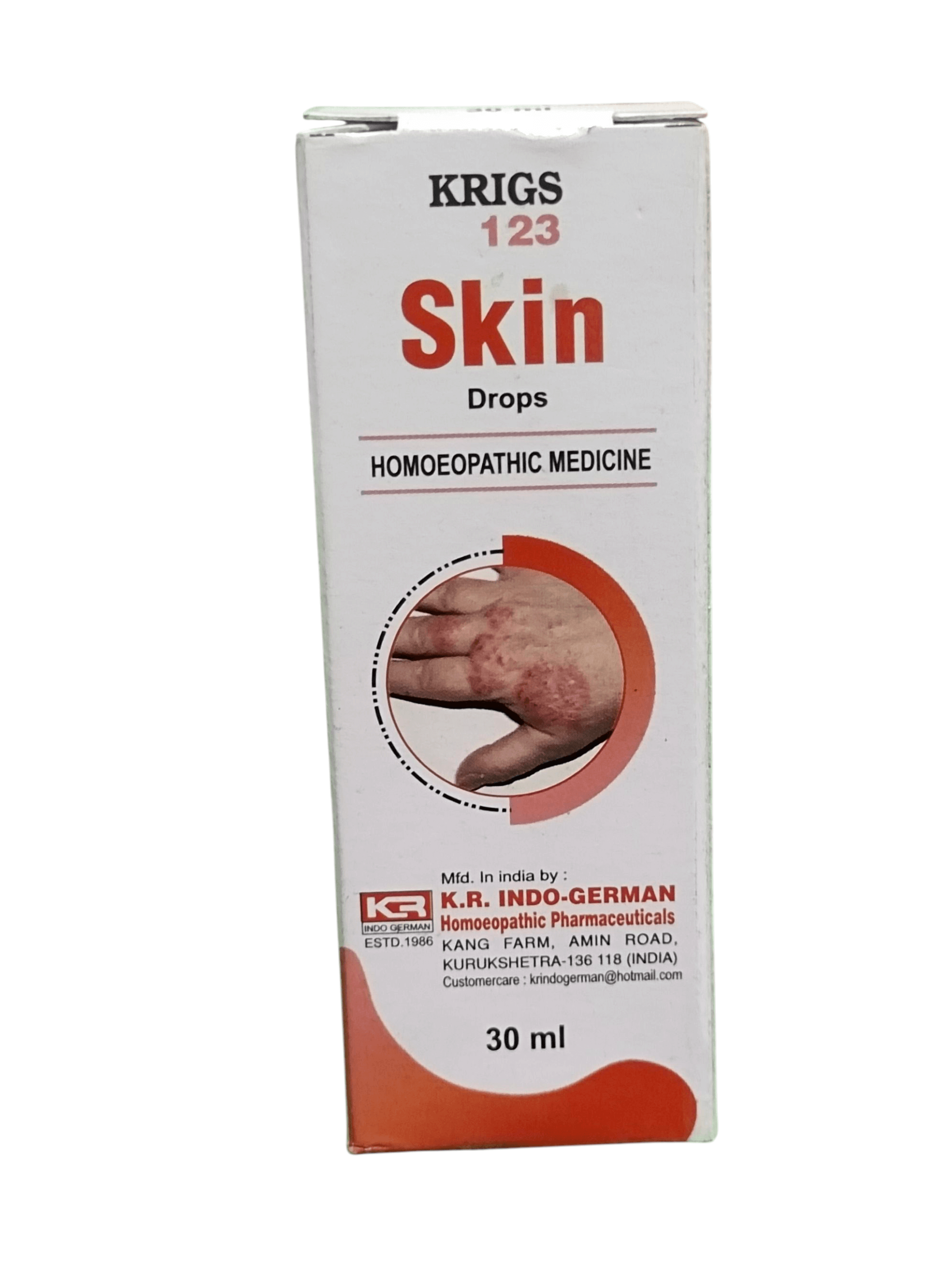 Box of Krigs 123 Skin Drops homoeopathic medicine on a white background