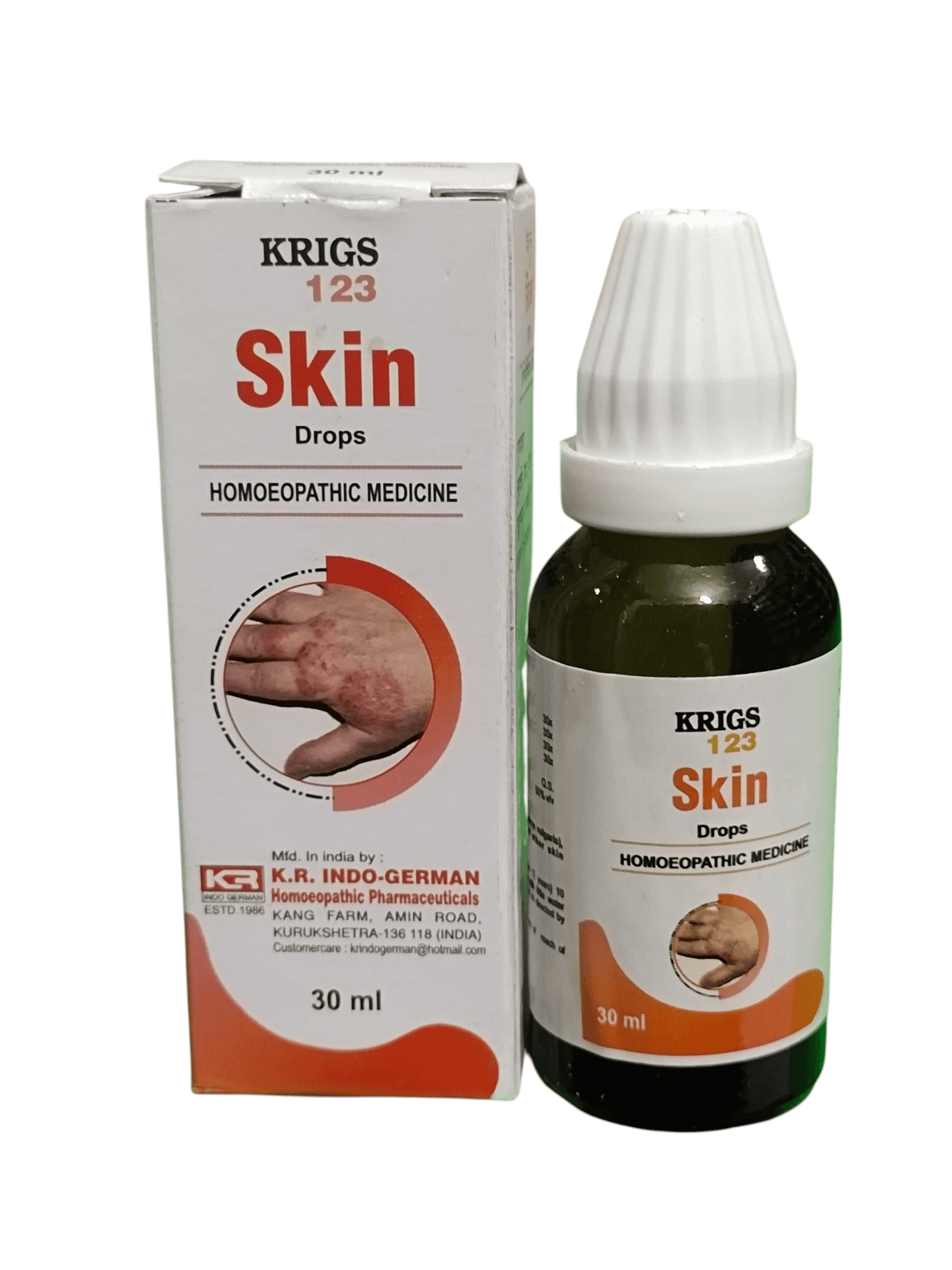 Krigs 123 Skin Drops homeopathic medicine bottle and packaging on a white background