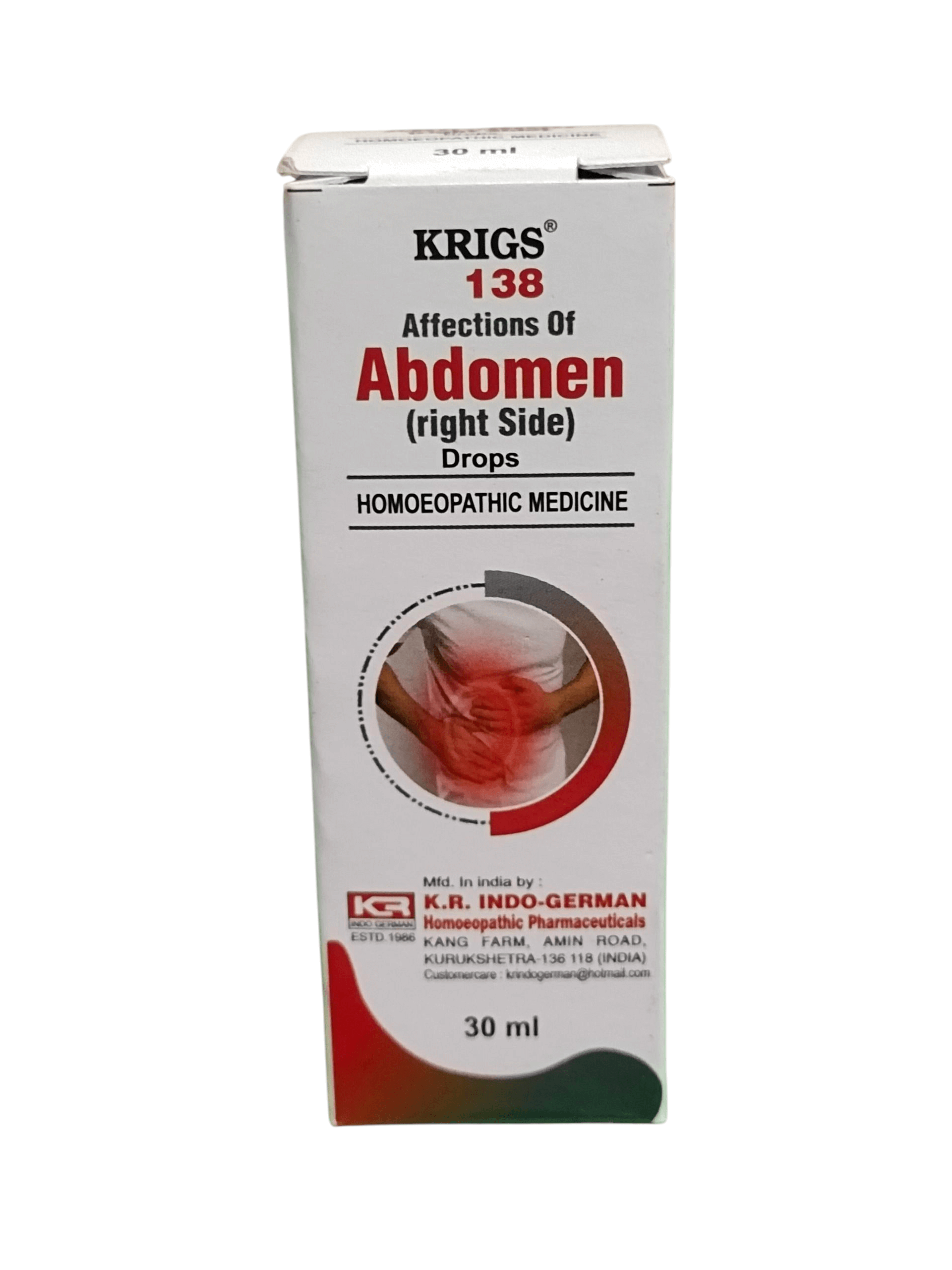Box of KRIGS 138 Affections of Abdomen drops on a white background