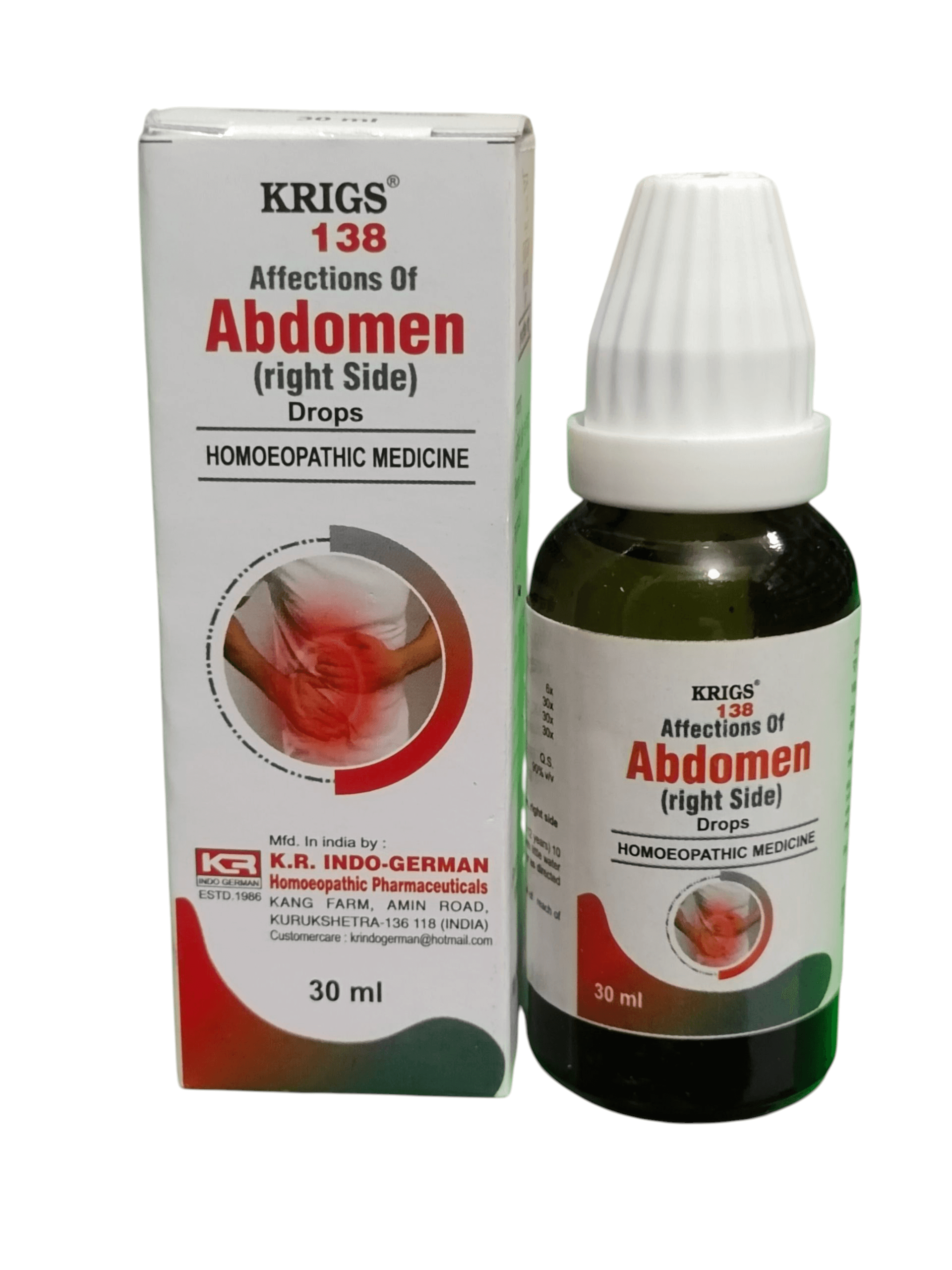 Krigs 138 Affections of Abdomen right side drops packaging and bottle on a white background