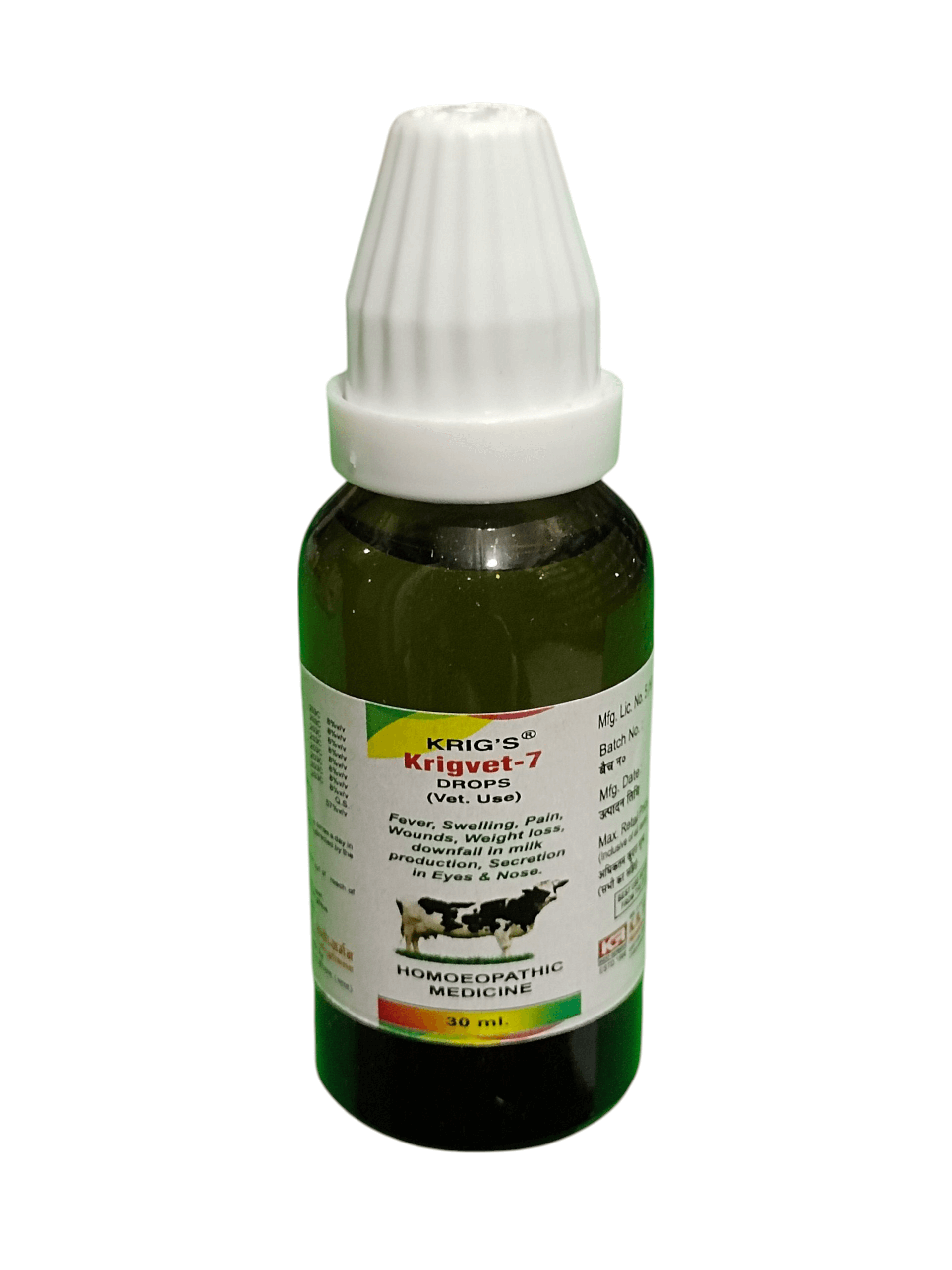 Bottle of Kriiget-7 Drops with a white cap on a white background
